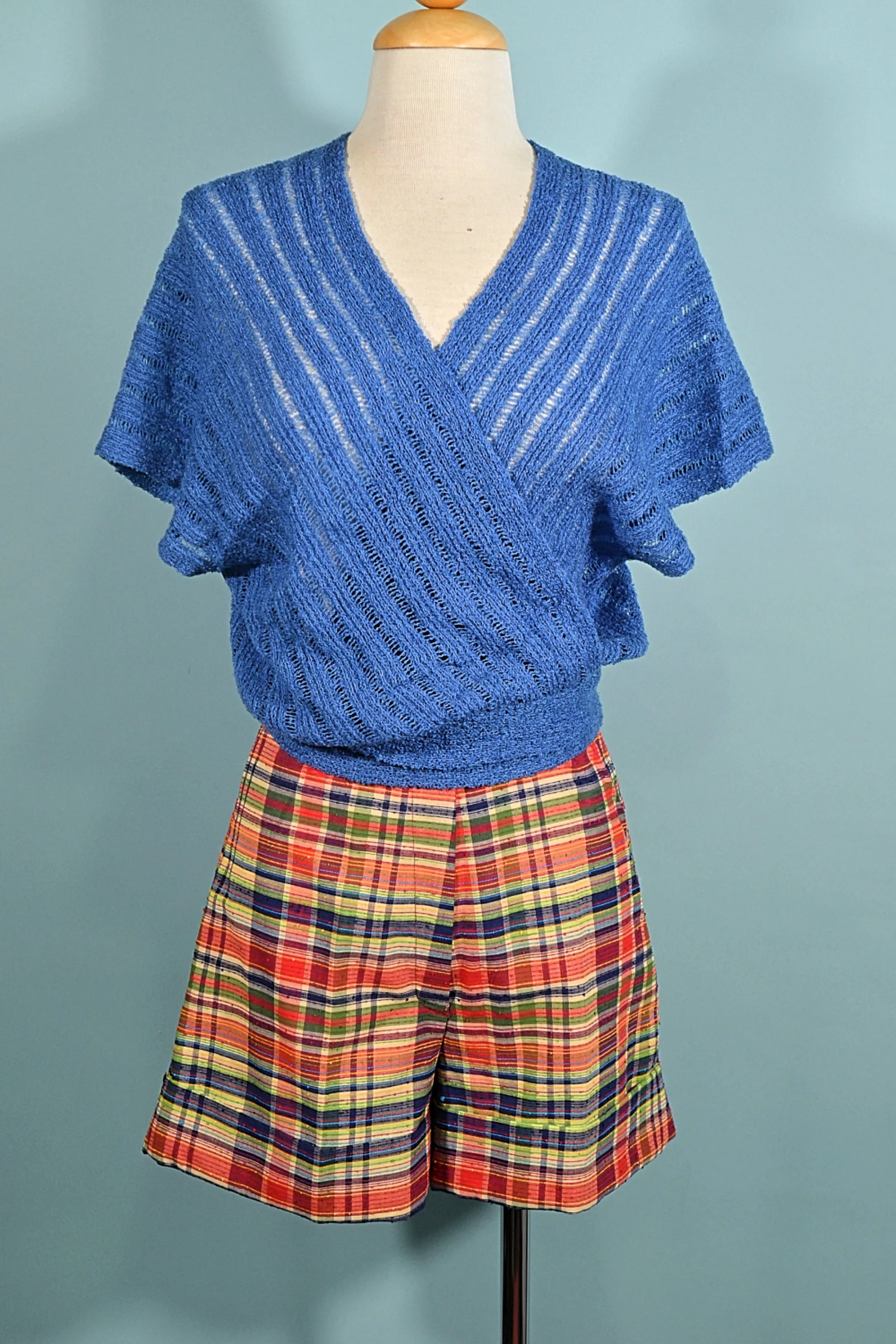 60s/70s Blue Knit Crop Top, Wrap Front M