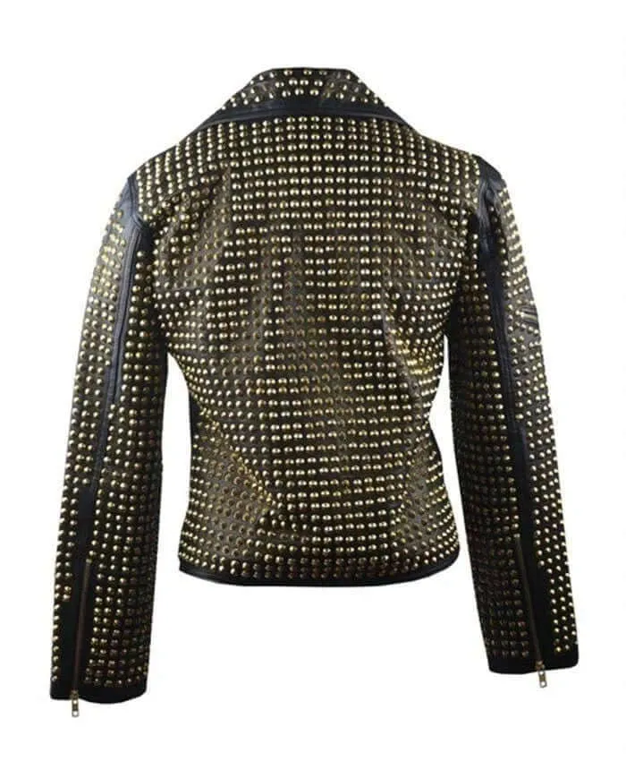 Awesome Woman Black Full Golden Studded Stylish Leather Jacket, Ladies Cowhide Leather Jacket