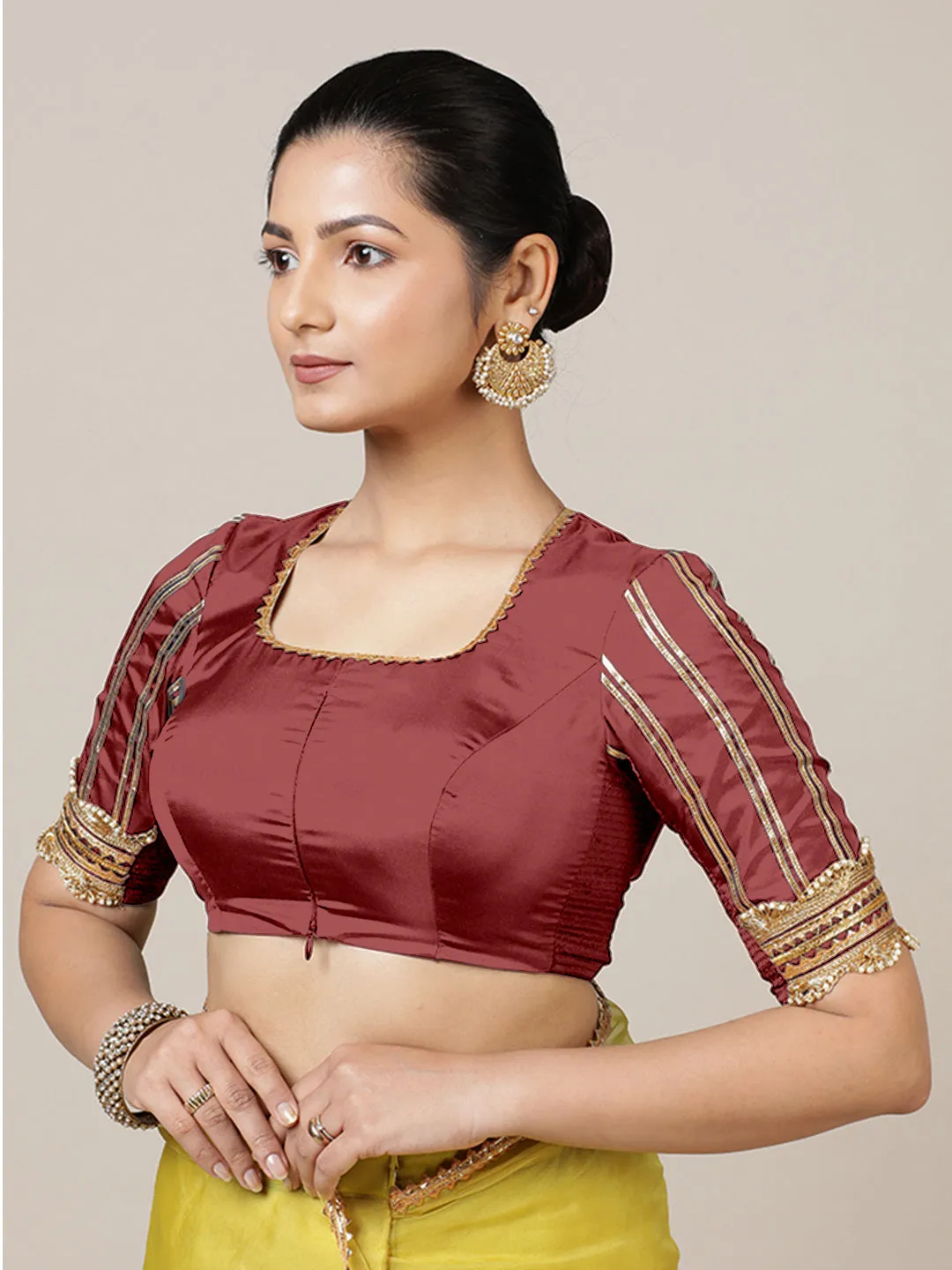 Aziza x Tyohaar | Elbow Sleeves Saree Blouse in Auburn Red