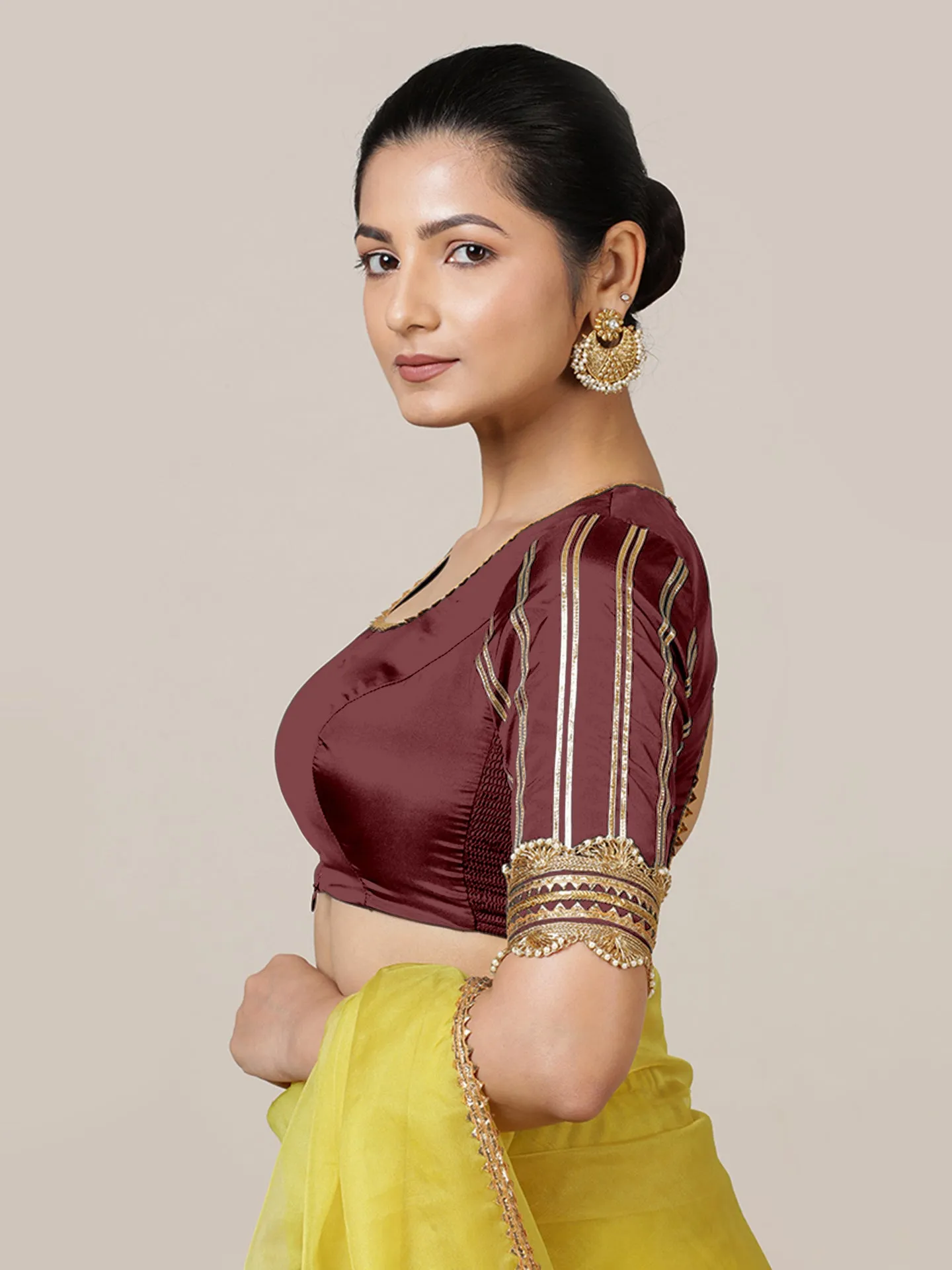 Aziza x Tyohaar | Elbow Sleeves Saree Blouse in Burgundy