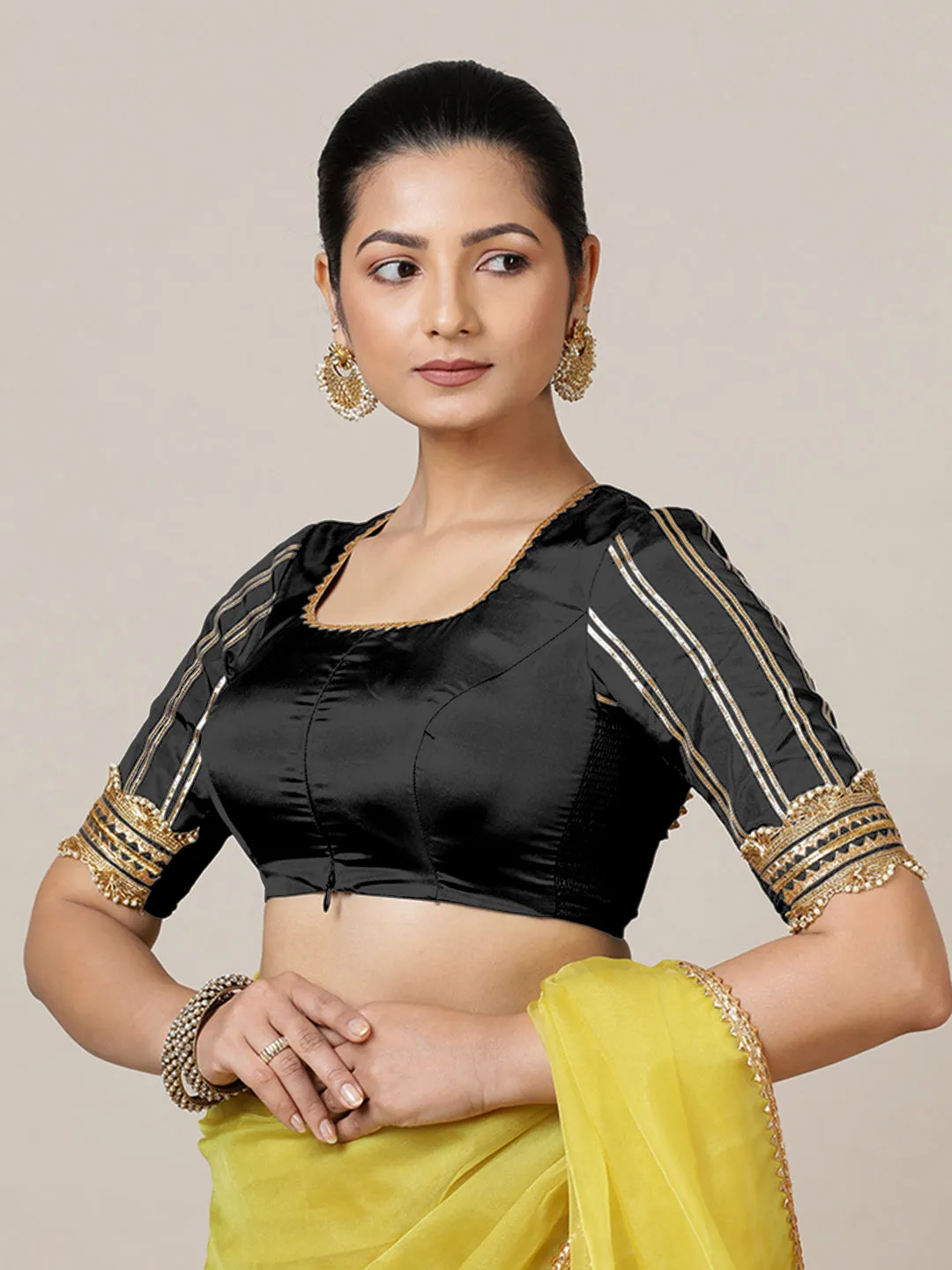 Aziza x Tyohaar | Elbow Sleeves Saree Blouse in Charcoal Black