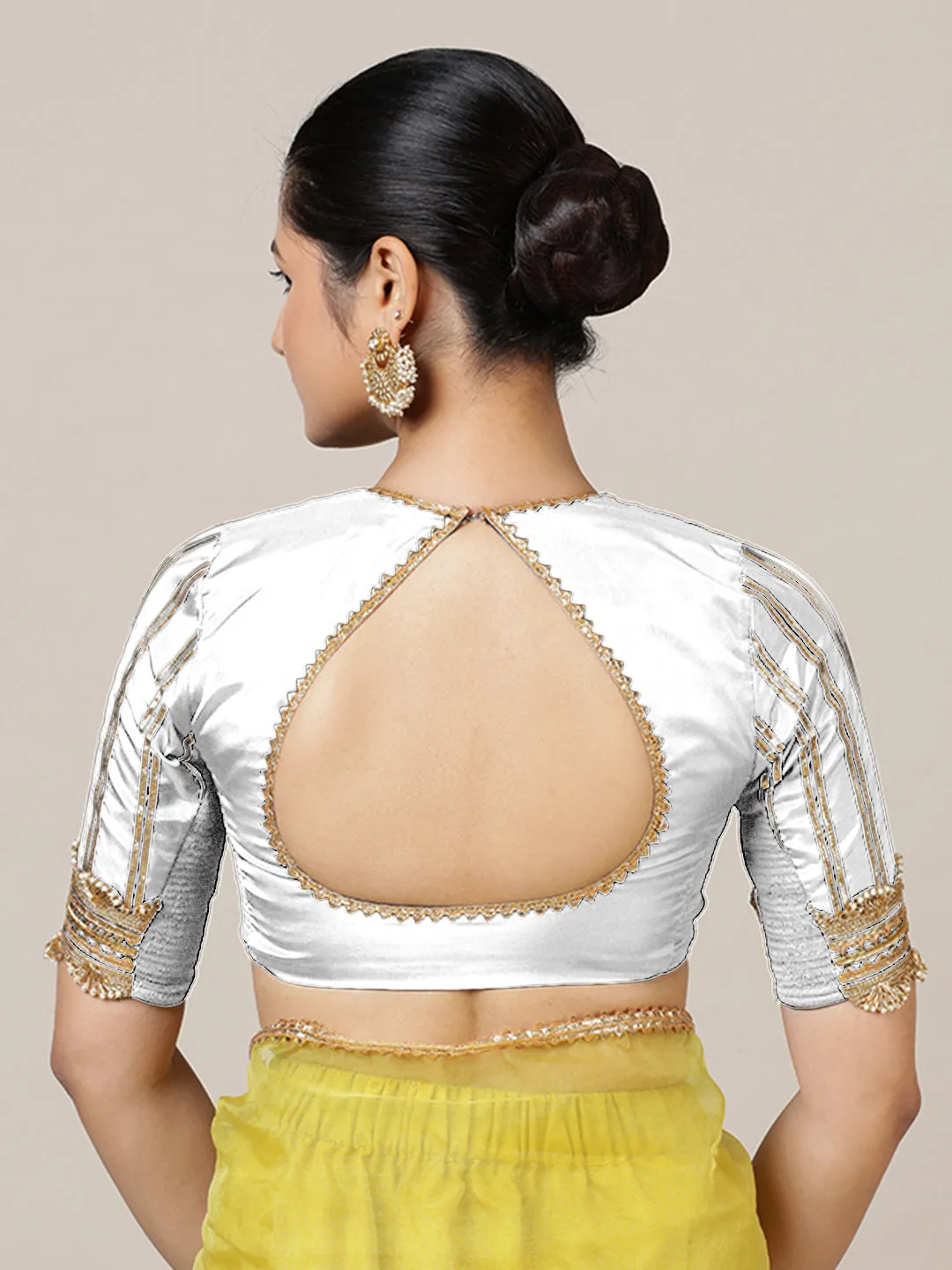 Aziza x Tyohaar | Elbow Sleeves Saree Blouse in Pearl White