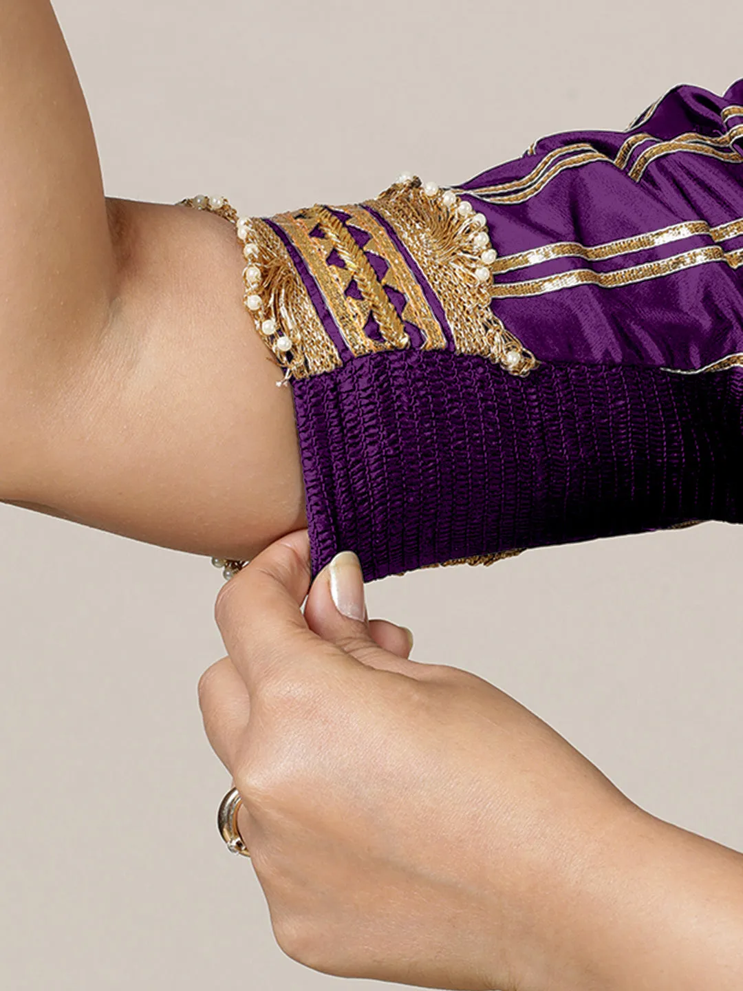 Aziza x Tyohaar | Elbow Sleeves Saree Blouse in Purple