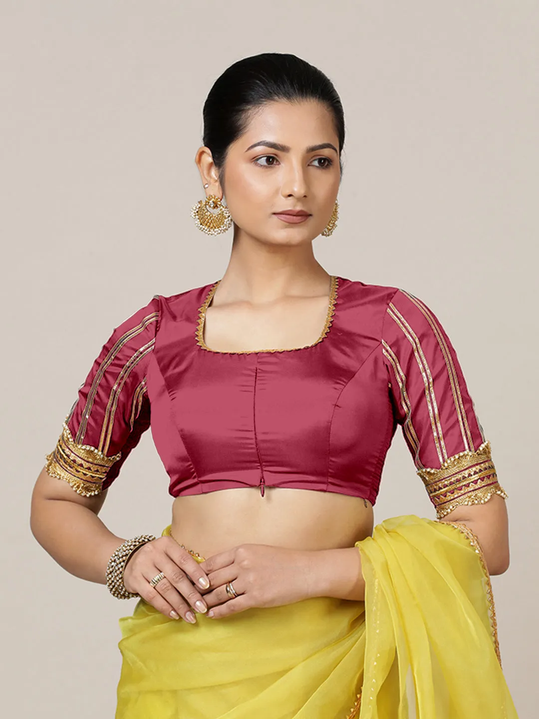 Aziza x Tyohaar | Elbow Sleeves Saree Blouse in Rani Pink