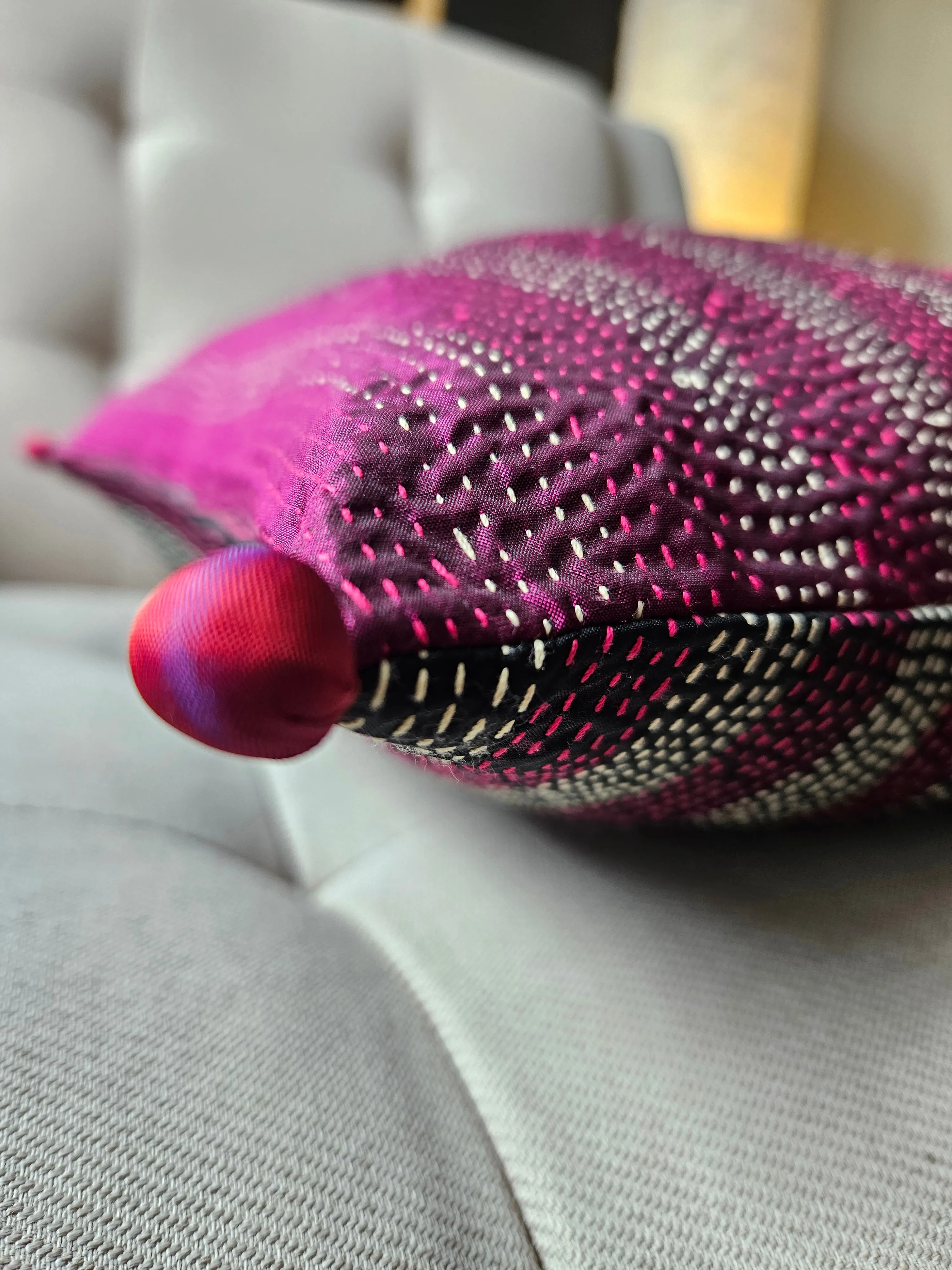 Black & Plum Vintage Sari Kantha Patchwork Cushion Cover, 40 x 40 cm