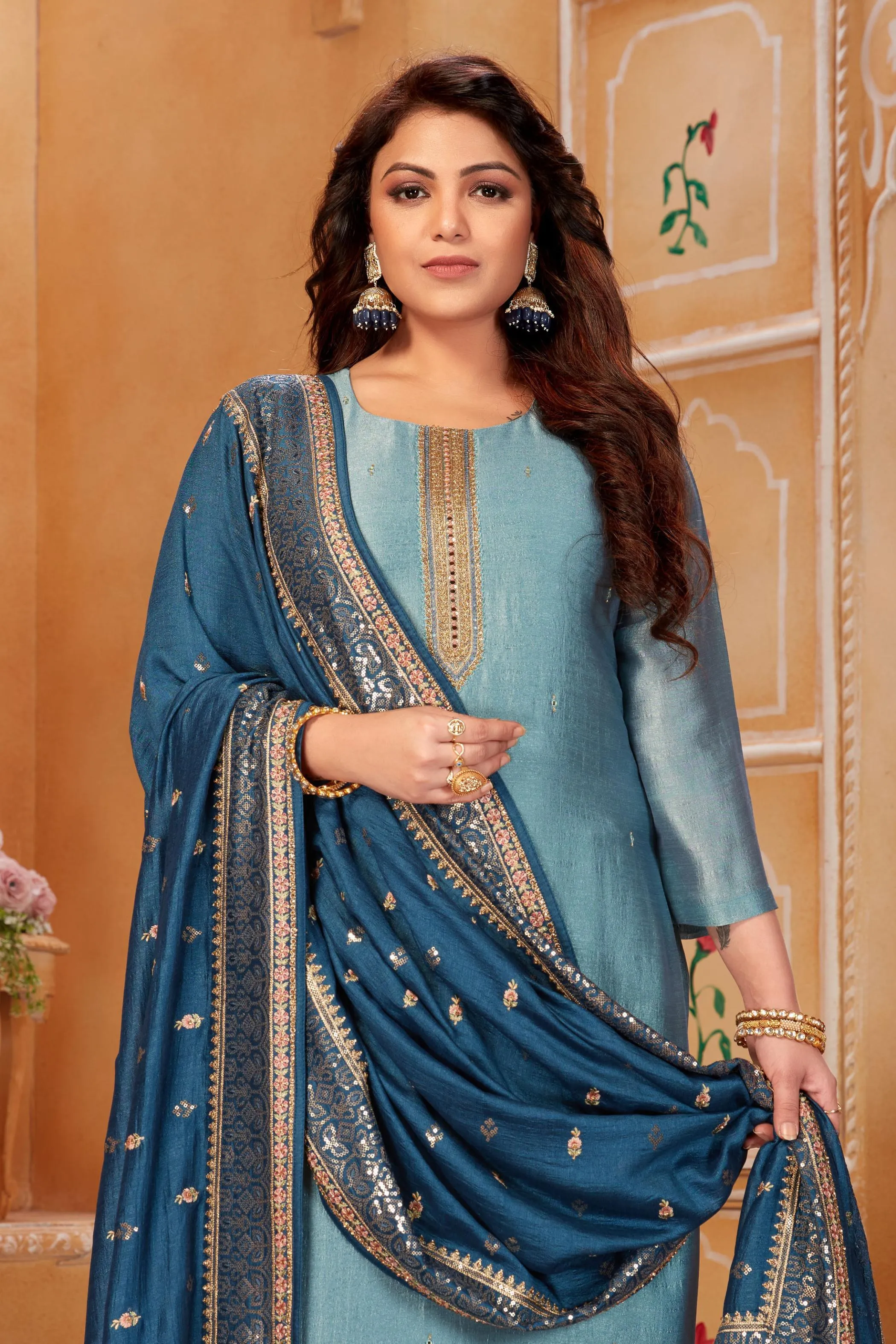 Blue Zardozi, Mirror, Sequins and Zari work Straight Cut Salwar Suit