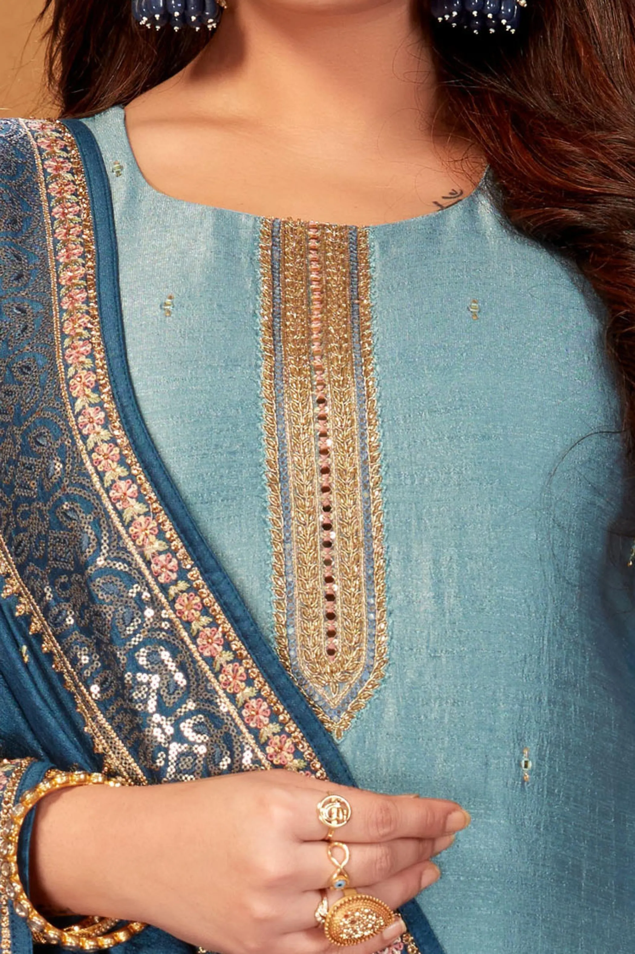 Blue Zardozi, Mirror, Sequins and Zari work Straight Cut Salwar Suit