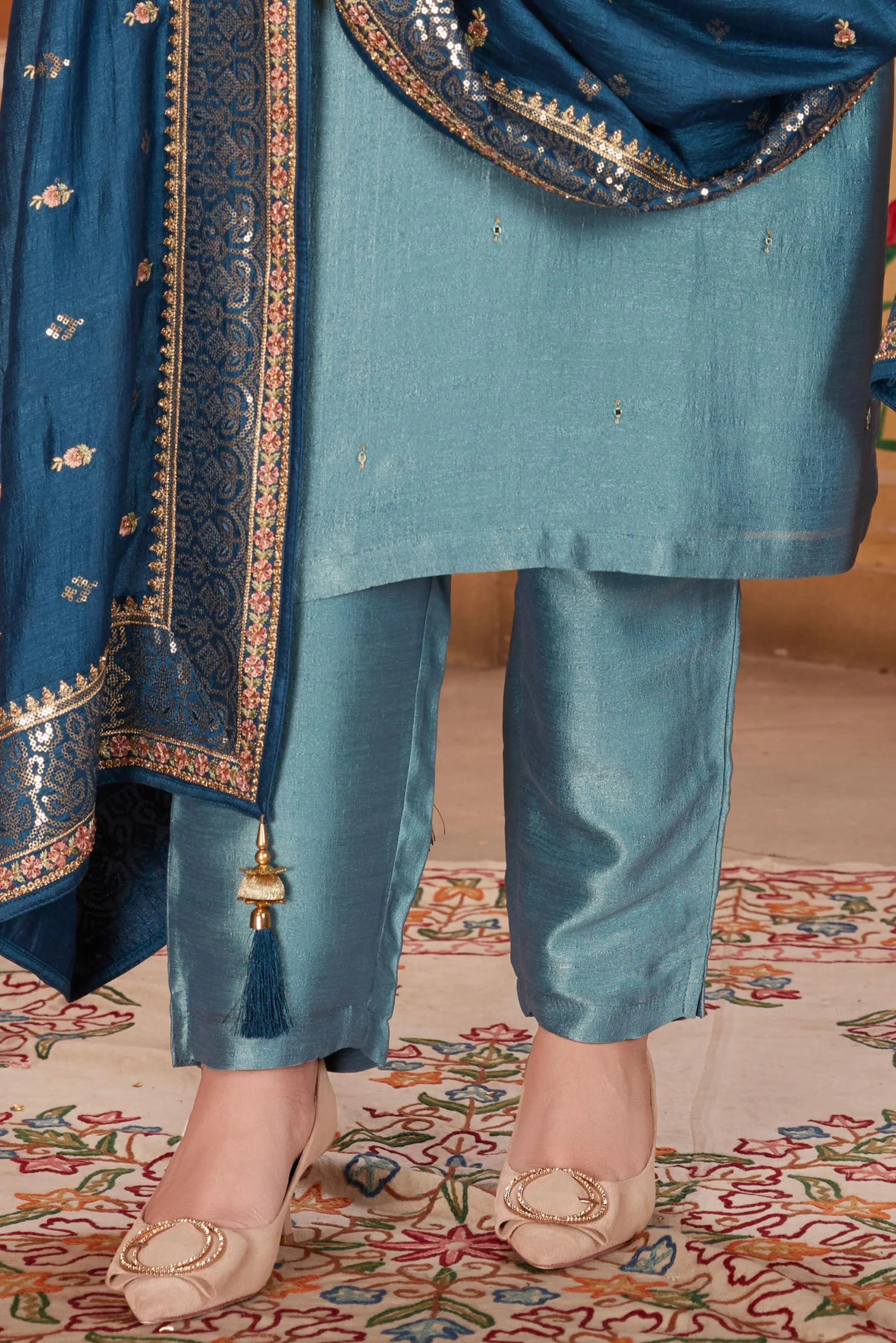 Blue Zardozi, Mirror, Sequins and Zari work Straight Cut Salwar Suit