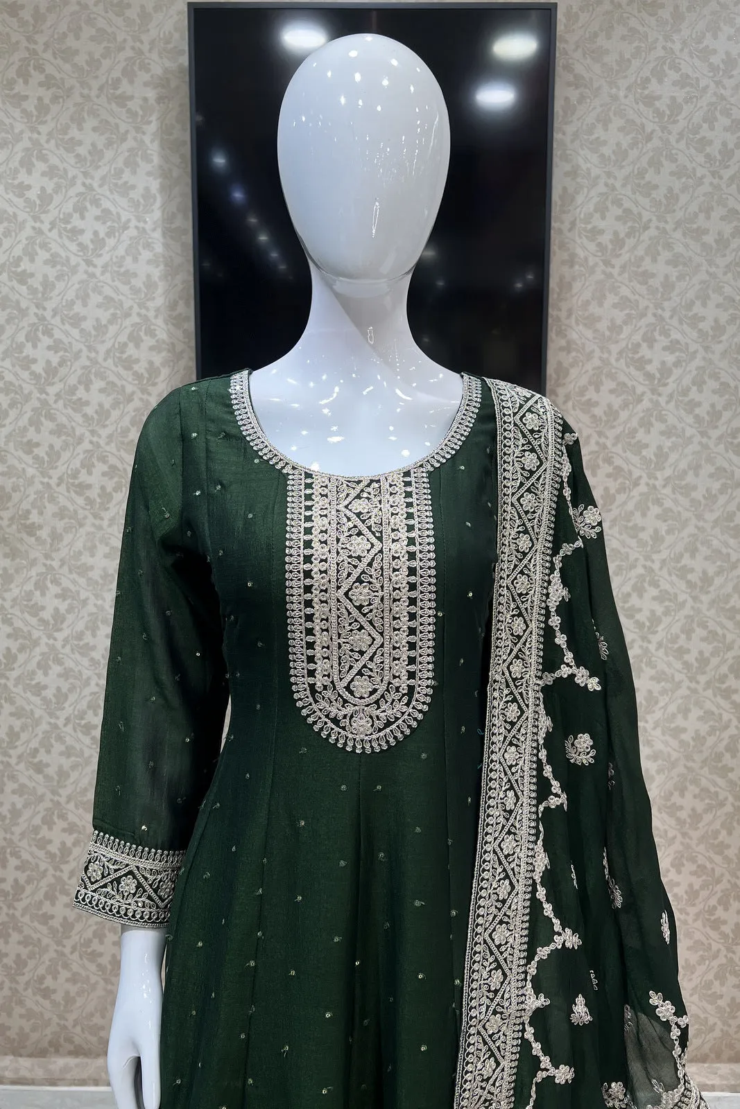 Bottle Green Sequins and Zari Thread work Anarkali Style Salwar Suit