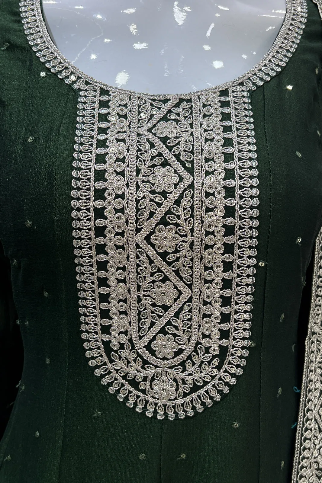 Bottle Green Sequins and Zari Thread work Anarkali Style Salwar Suit