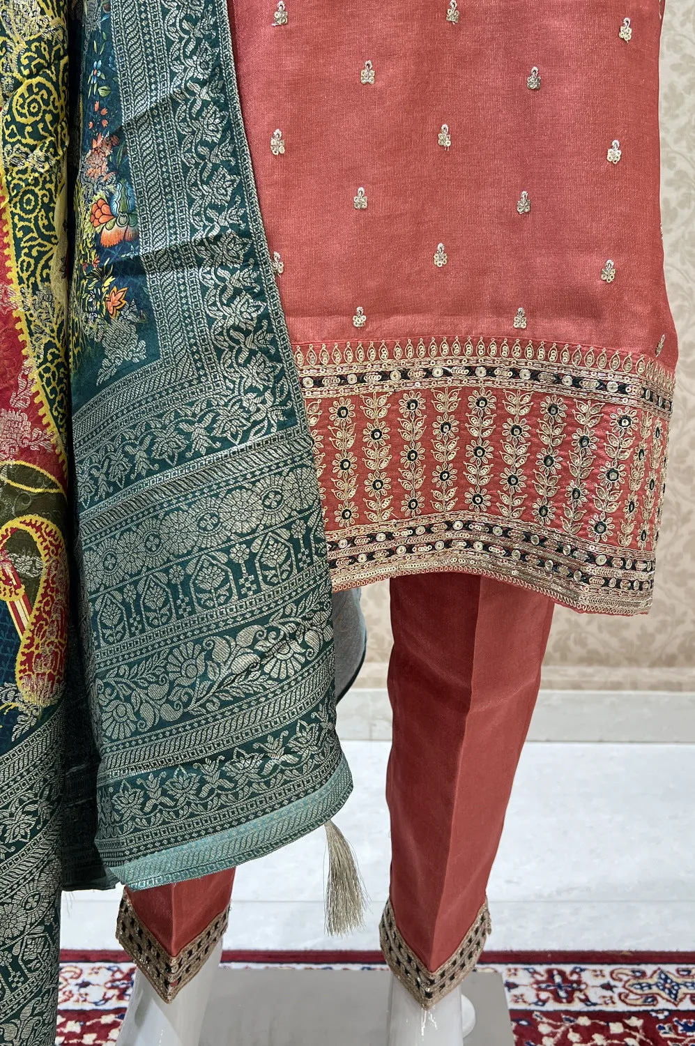 Brick Sequins, Thread and Zari work Straight Cut Salwar Suit with Digital Print Dupatta
