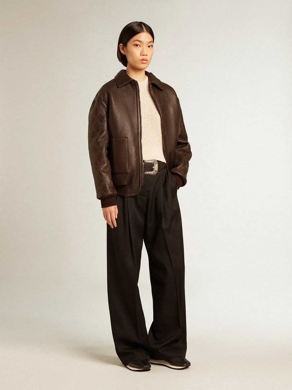 Brown nappa leather jacket with studded sleeves
