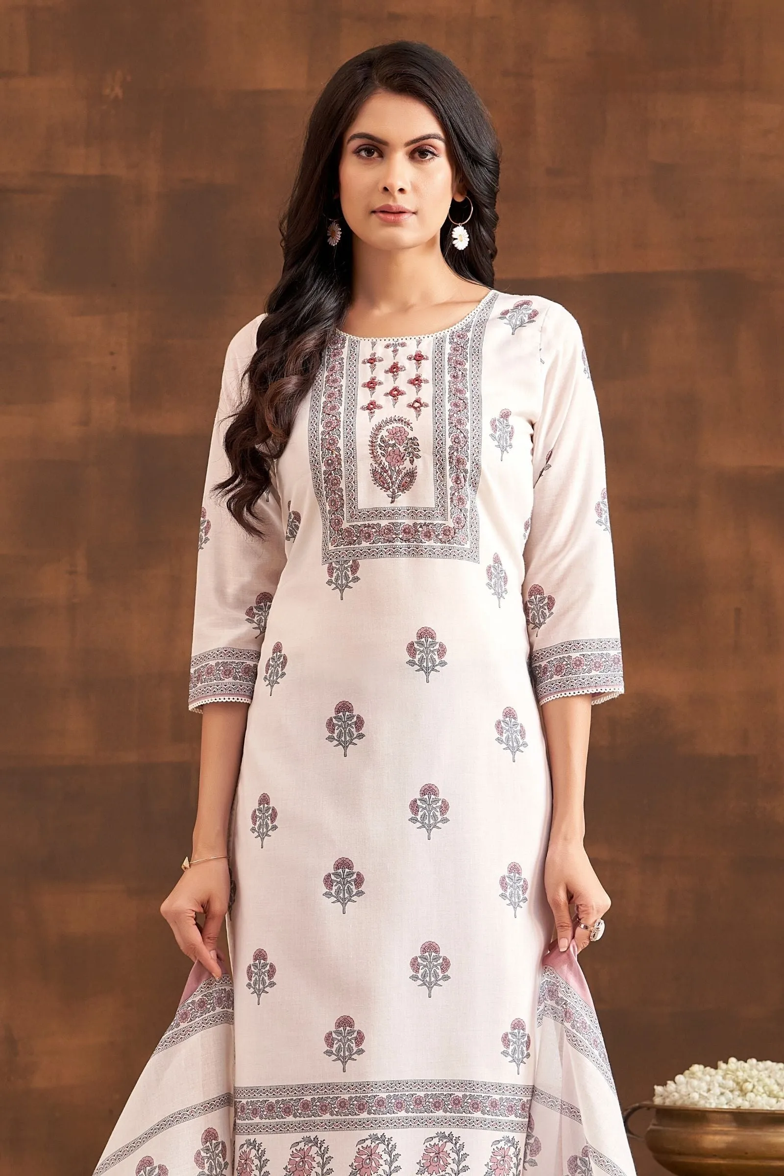 Cream Sequins and Thread work with Digital Print Straight Cut Salwar Suit