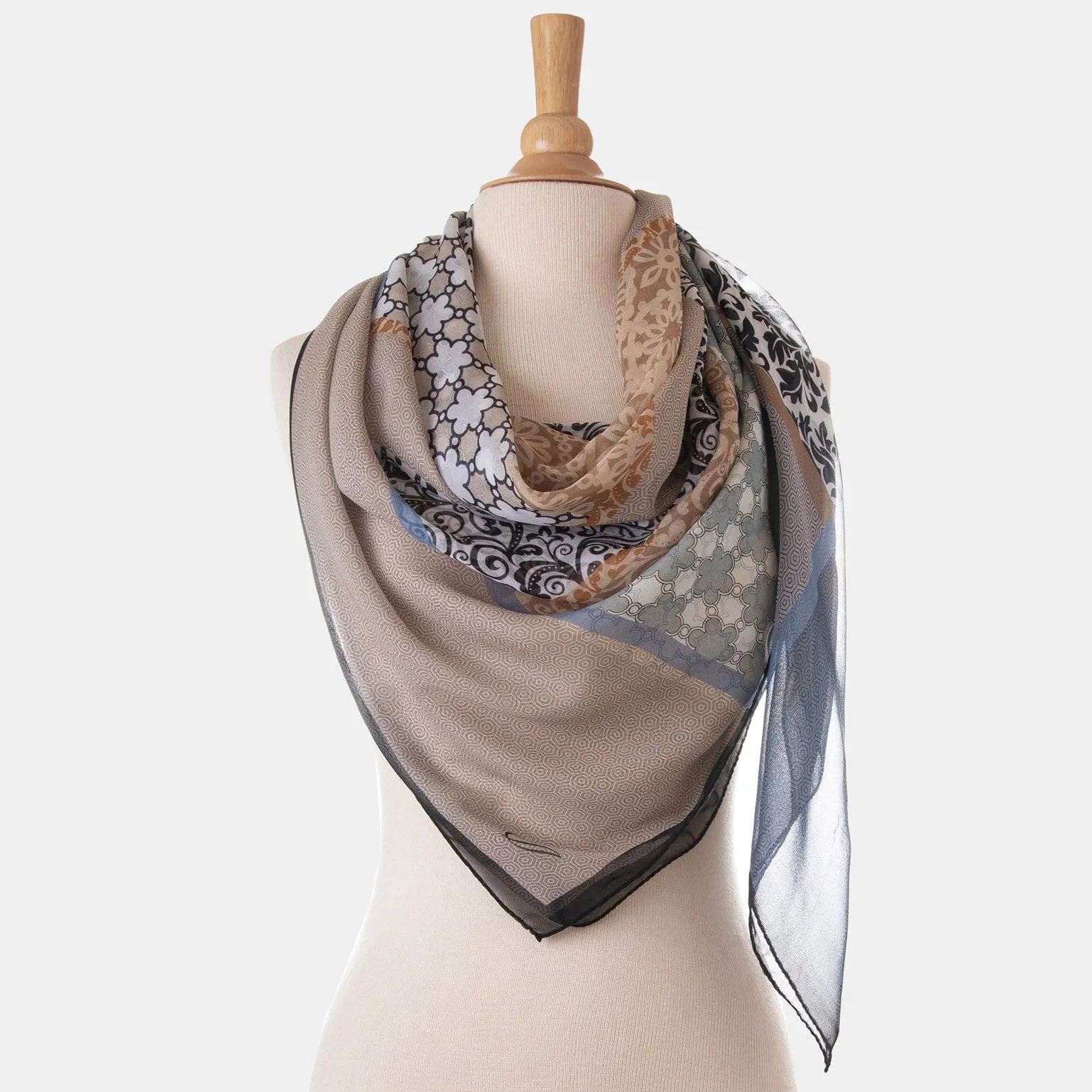 Dafne - Large Silk Scarf - Beige and Grey