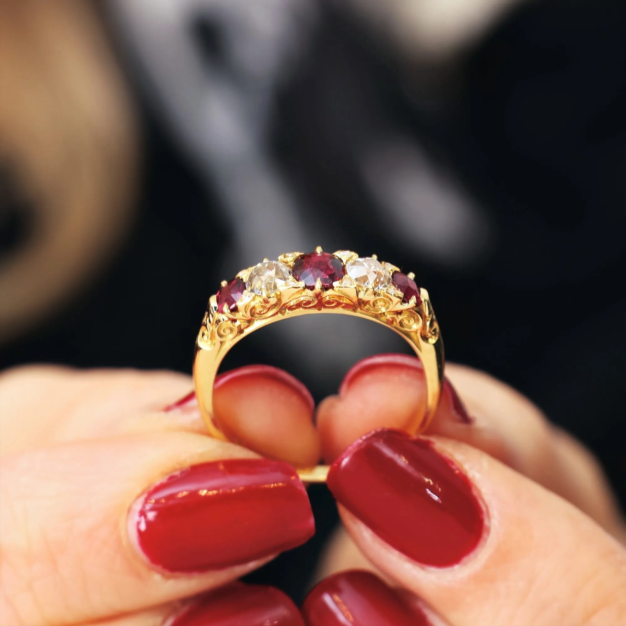 Date 1890 Carved Hoop Ruby & Diamond Engagement Ring