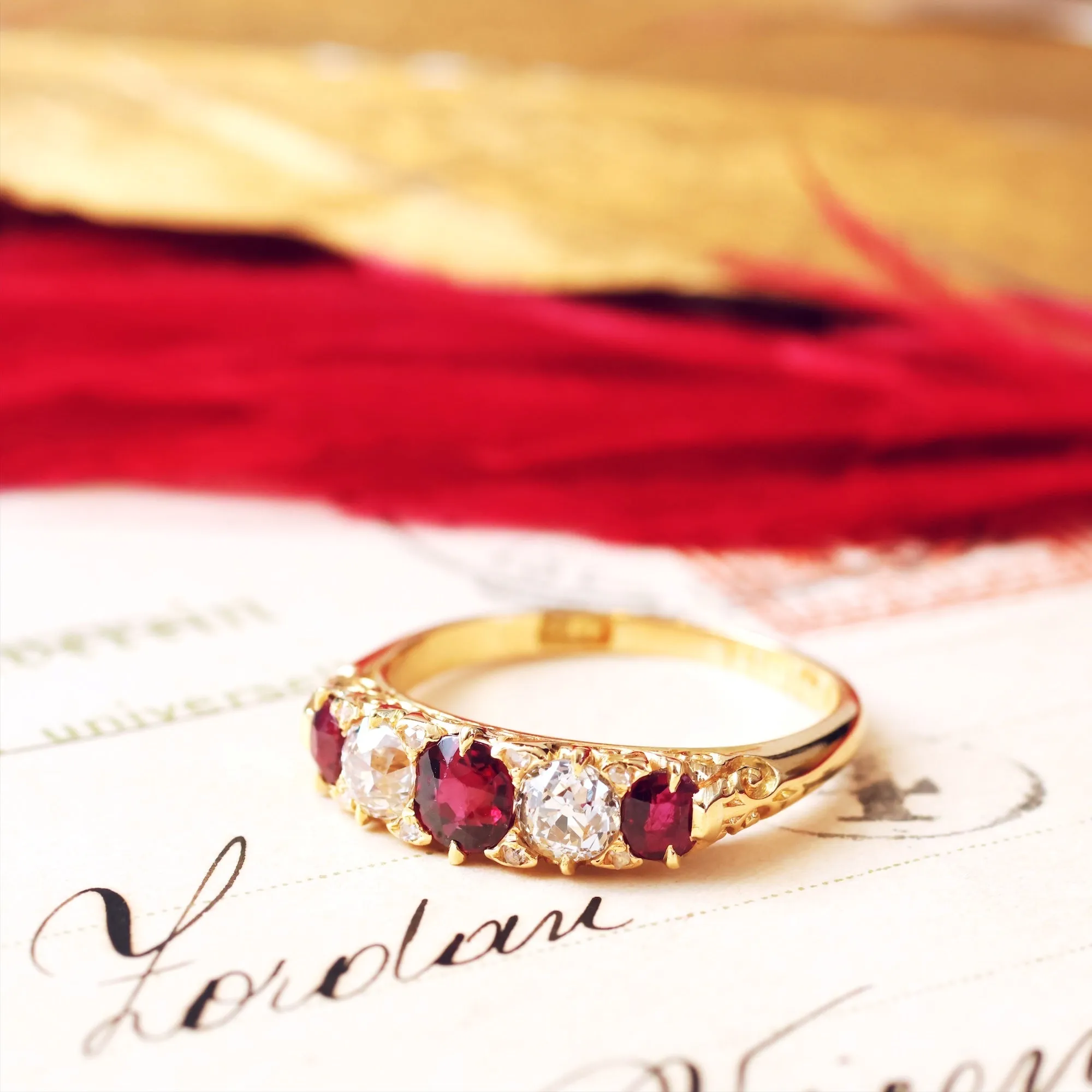 Date 1890 Carved Hoop Ruby & Diamond Engagement Ring