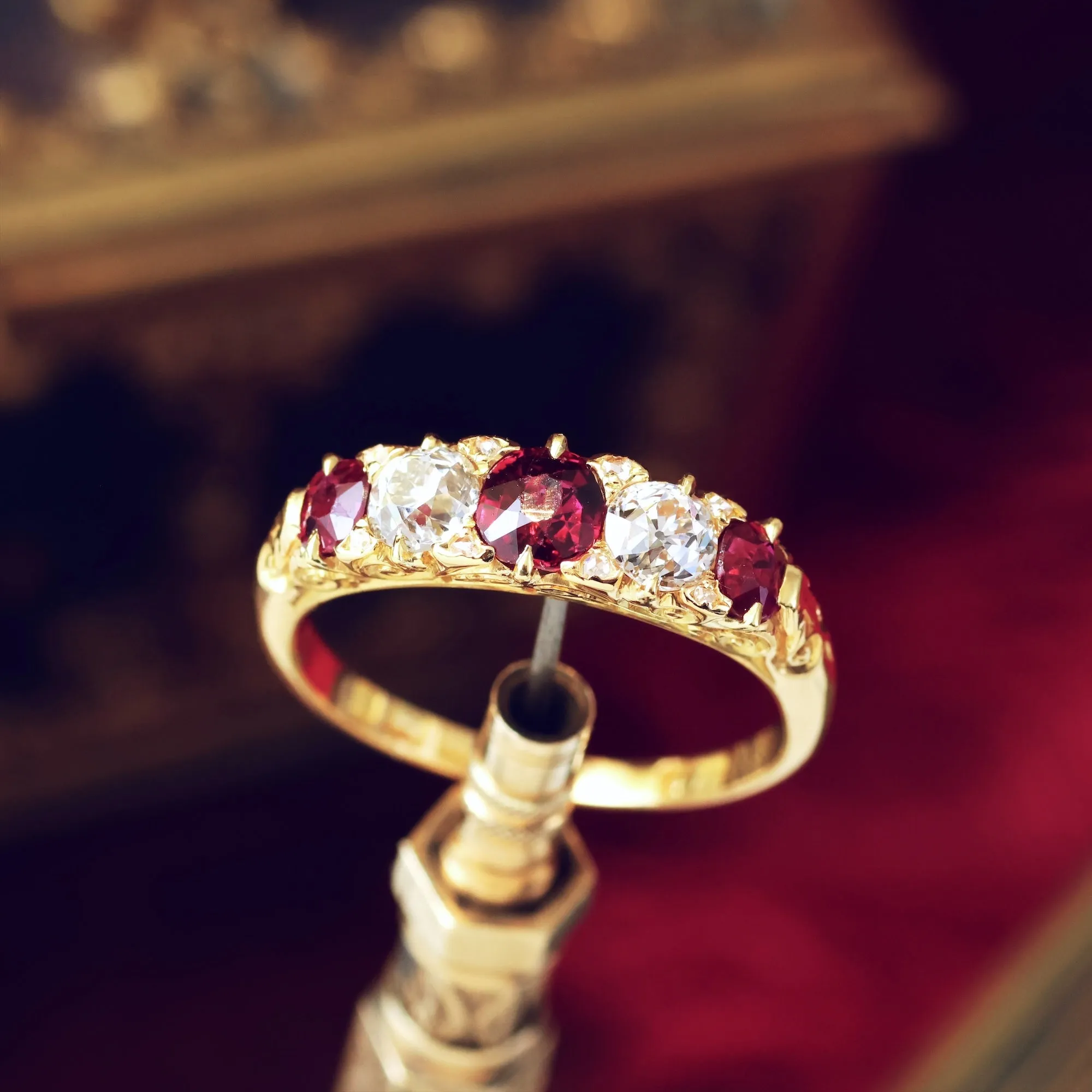 Date 1890 Carved Hoop Ruby & Diamond Engagement Ring