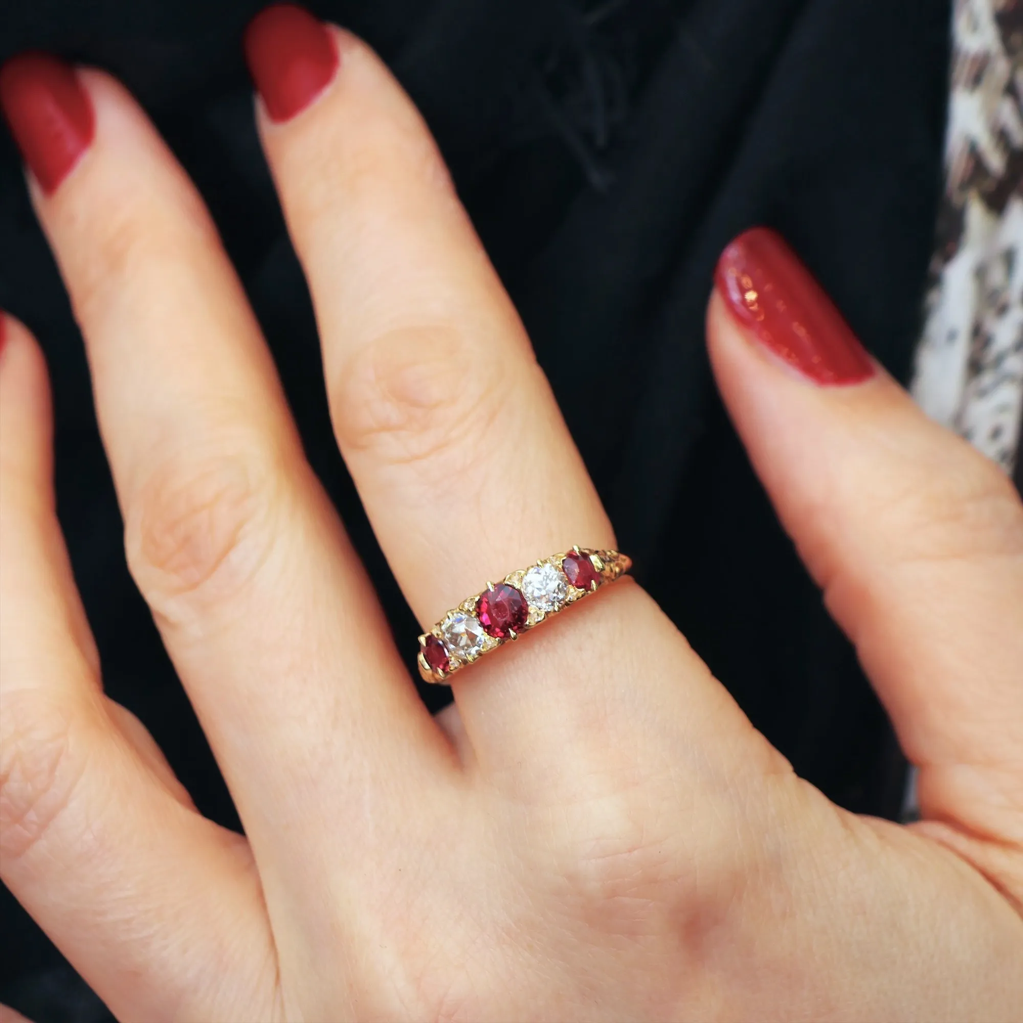 Date 1890 Carved Hoop Ruby & Diamond Engagement Ring