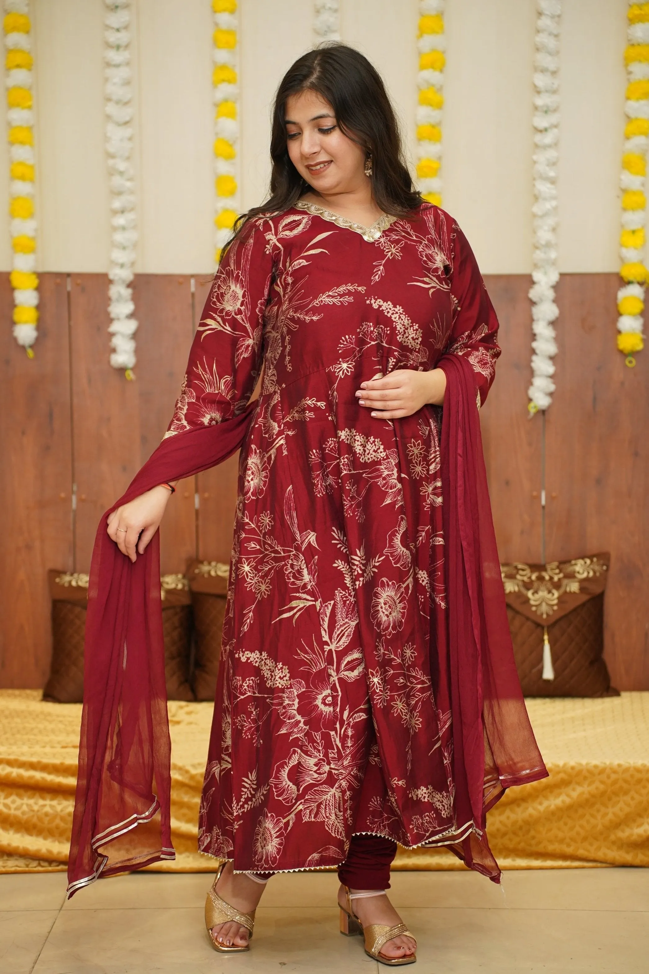 Deep Crimson Foiled Anarkali Set