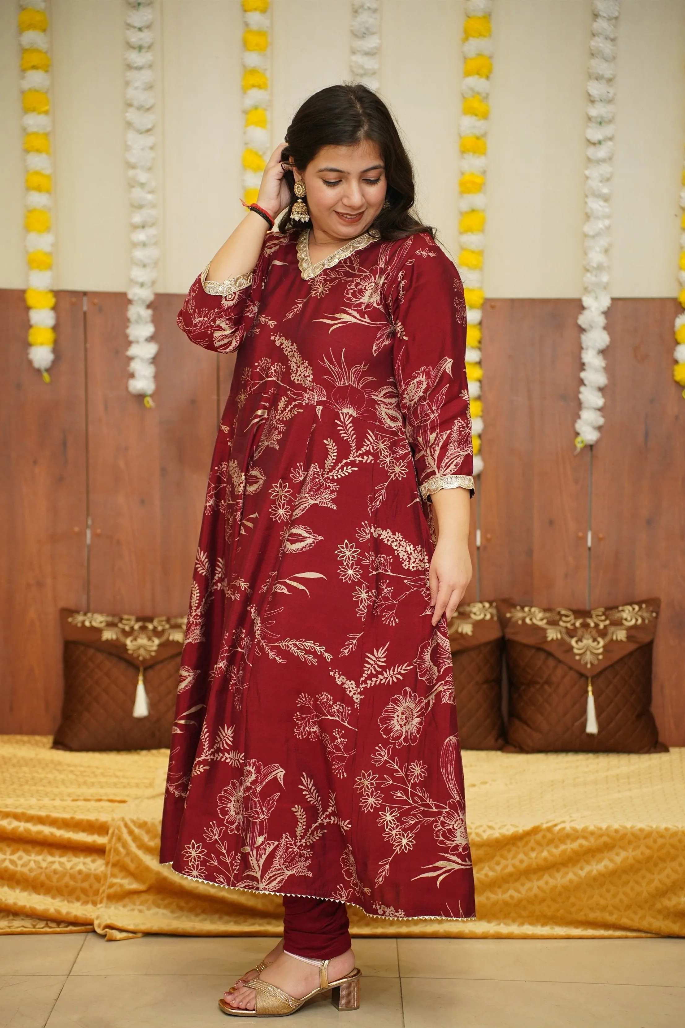 Deep Crimson Foiled Anarkali Set