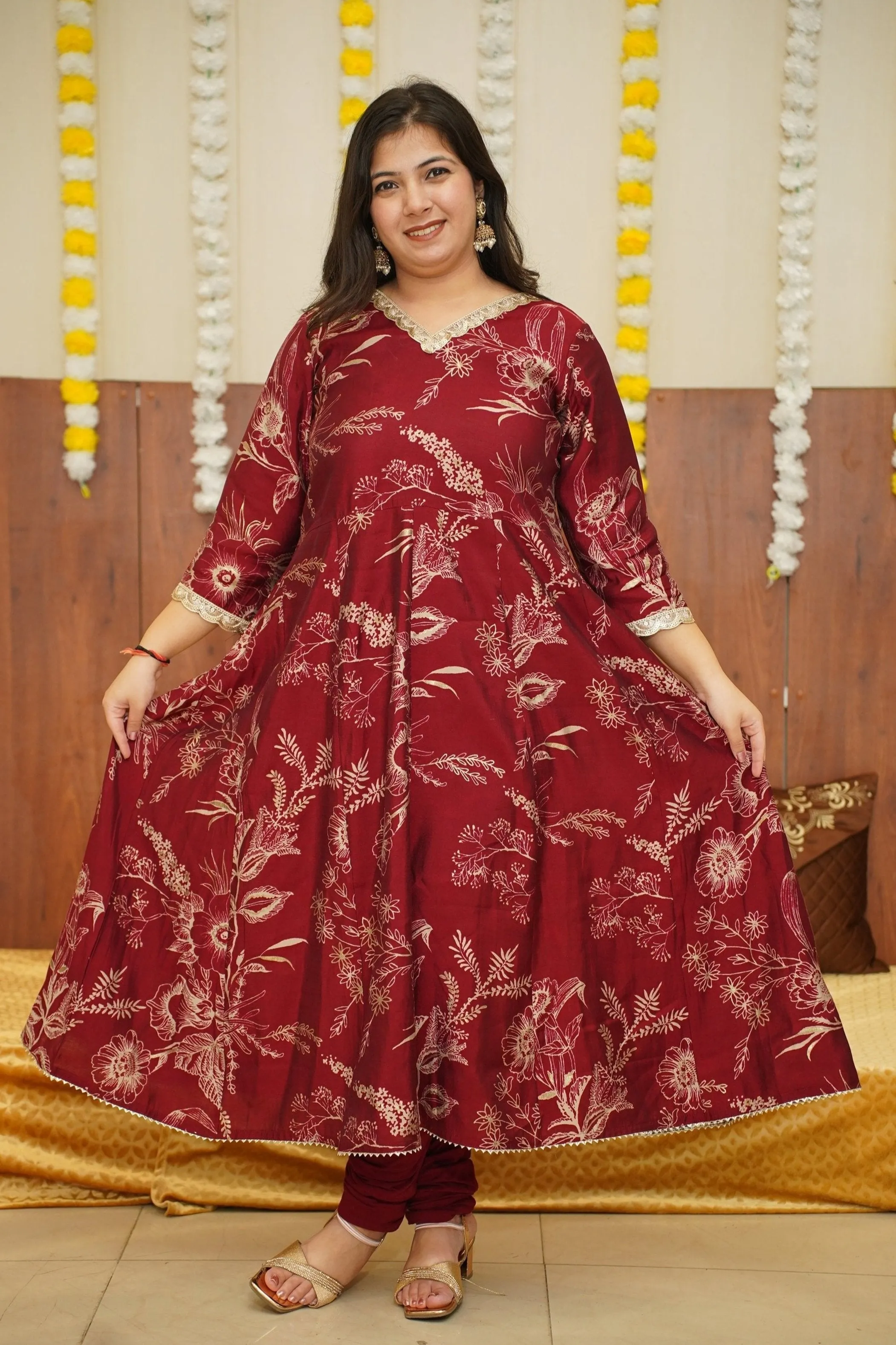 Deep Crimson Foiled Anarkali Set