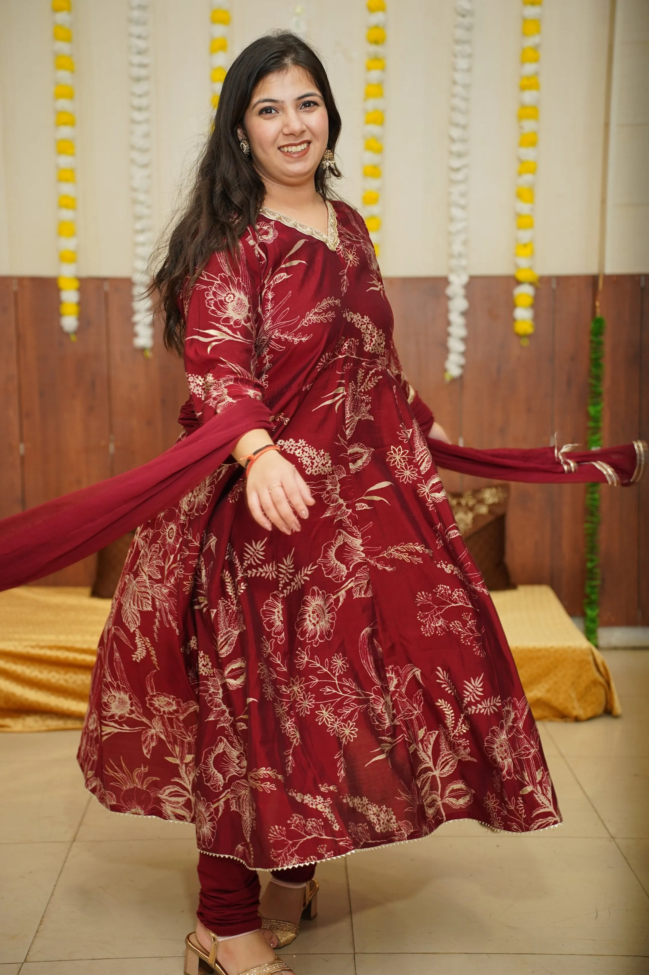 Deep Crimson Foiled Anarkali Set
