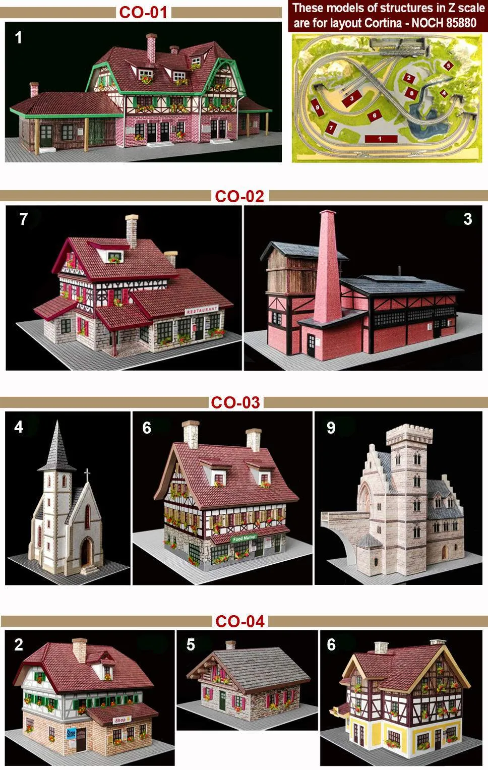 EMTZ 919 Set of 9 Built up Structures (specifically designed for Cortina Z Layout)  Handmade in Spain, Super Detailed