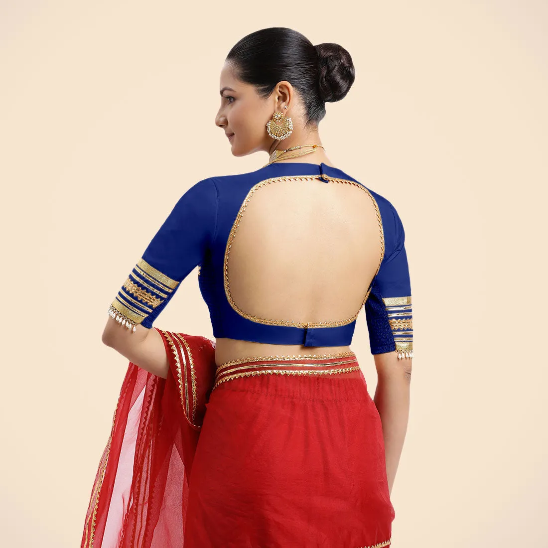 Farheen x Tyohaar | Cobalt Blue Embellished Elbow Sleeves FlexiFit™ Saree Blouse with Zero Neck with Back Cut-Out and Golden Gota Embellishment