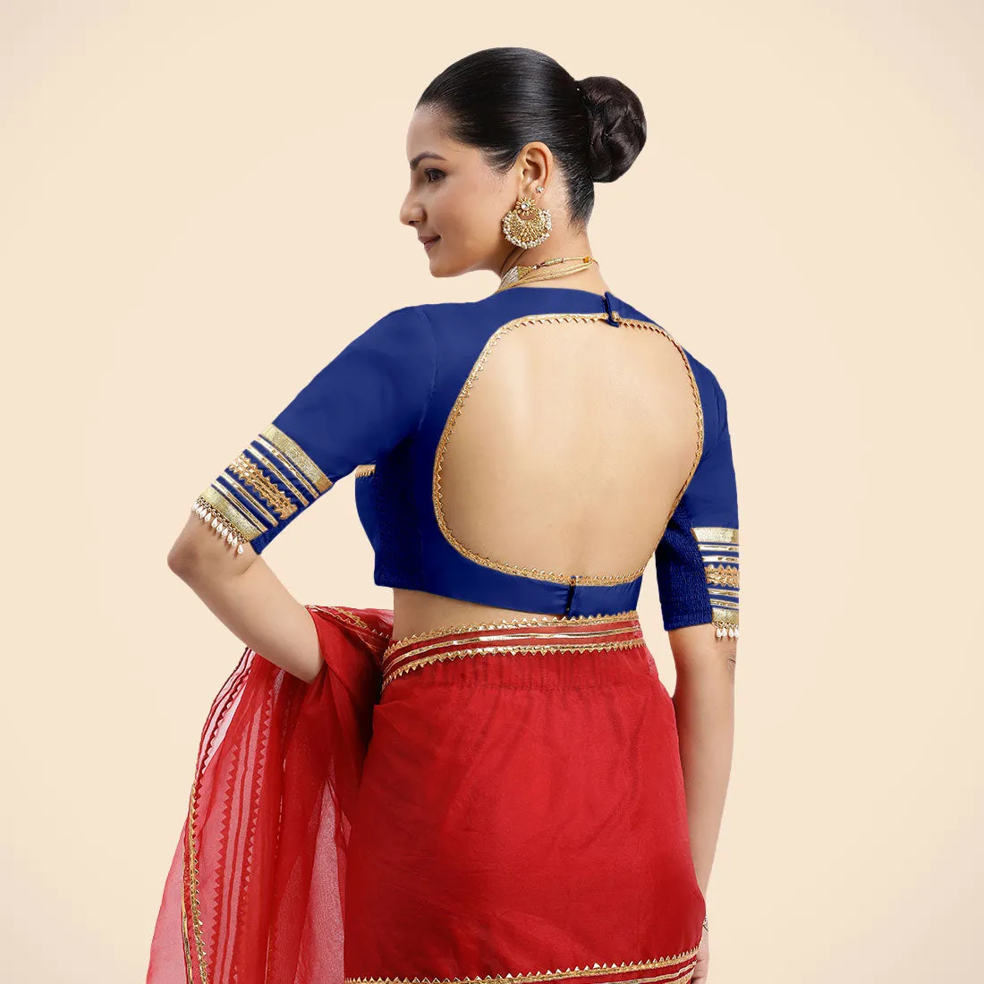 Farheen x Tyohaar | Cobalt Blue Embellished Elbow Sleeves FlexiFit™ Saree Blouse with Zero Neck with Back Cut-Out and Golden Gota Embellishment