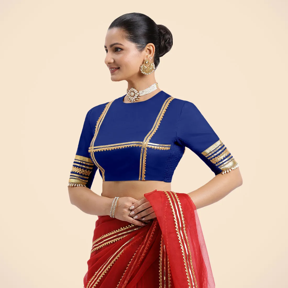 Farheen x Tyohaar | Cobalt Blue Embellished Elbow Sleeves FlexiFit™ Saree Blouse with Zero Neck with Back Cut-Out and Golden Gota Embellishment