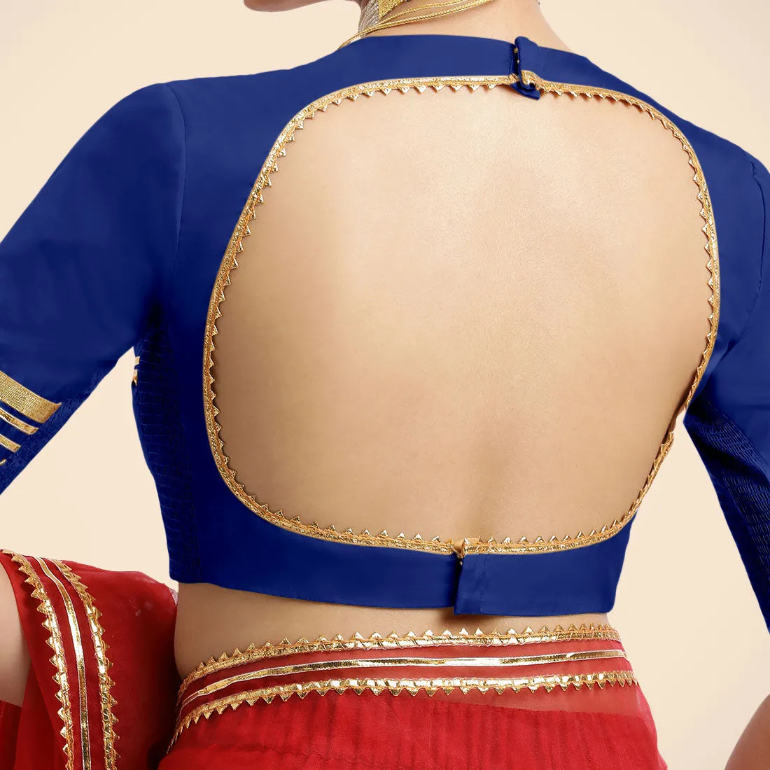 Farheen x Tyohaar | Cobalt Blue Embellished Elbow Sleeves FlexiFit™ Saree Blouse with Zero Neck with Back Cut-Out and Golden Gota Embellishment