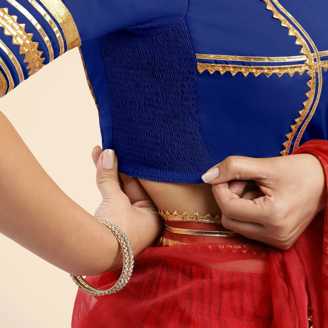 Farheen x Tyohaar | Cobalt Blue Embellished Elbow Sleeves FlexiFit™ Saree Blouse with Zero Neck with Back Cut-Out and Golden Gota Embellishment
