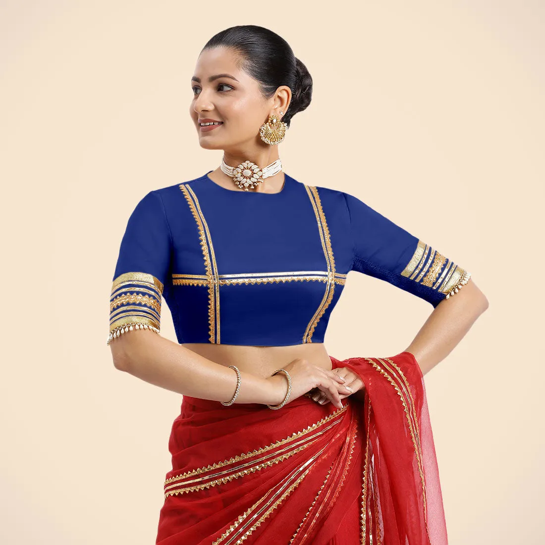 Farheen x Tyohaar | Cobalt Blue Embellished Elbow Sleeves FlexiFit™ Saree Blouse with Zero Neck with Back Cut-Out and Golden Gota Embellishment