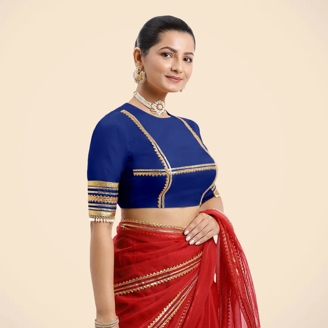 Farheen x Tyohaar | Cobalt Blue Embellished Elbow Sleeves FlexiFit™ Saree Blouse with Zero Neck with Back Cut-Out and Golden Gota Embellishment