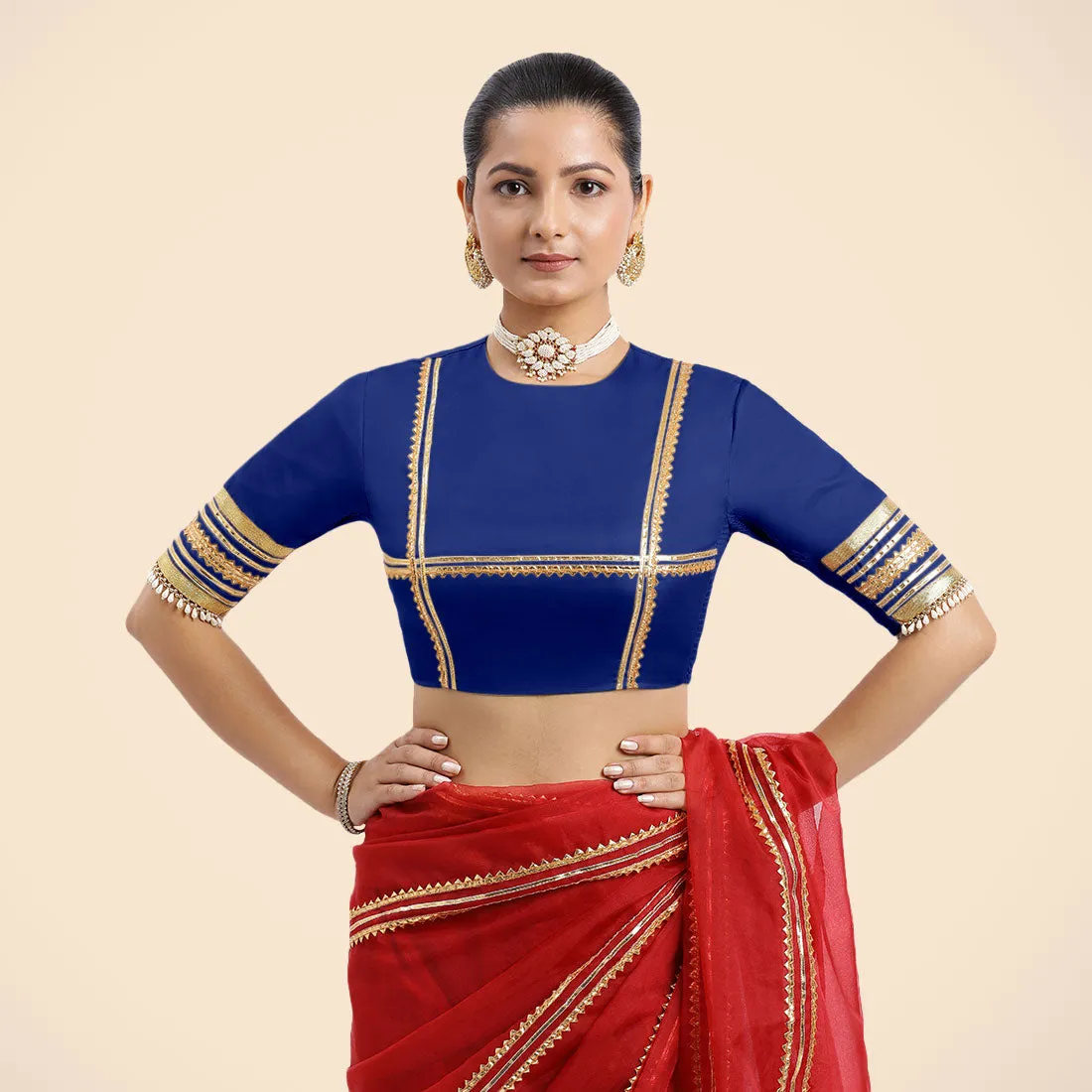 Farheen x Tyohaar | Cobalt Blue Embellished Elbow Sleeves FlexiFit™ Saree Blouse with Zero Neck with Back Cut-Out and Golden Gota Embellishment