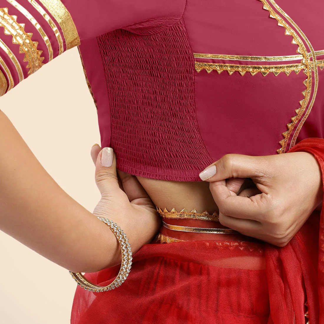 Farheen x Tyohaar | Rani Pink Embellished Elbow Sleeves FlexiFit™ Saree Blouse with Zero Neck with Back Cut-Out and Golden Gota Embellishment