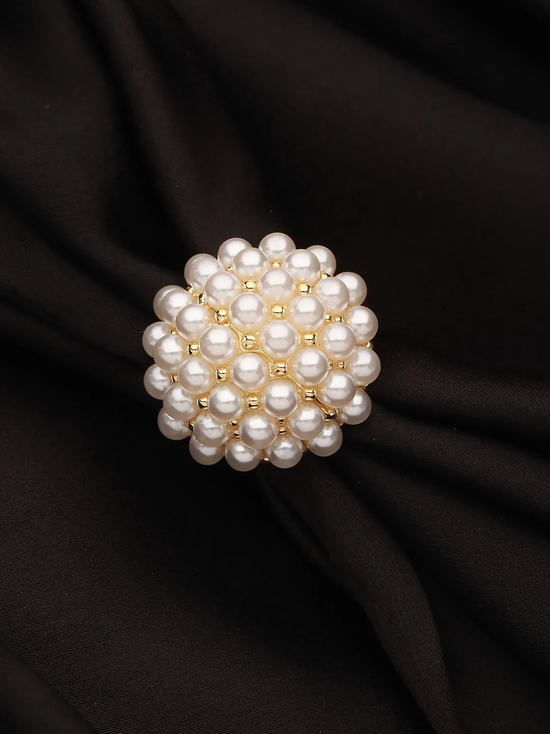 Gold-Plated Artificial Pearls Studded Flower Design Adjustable Finger Ring