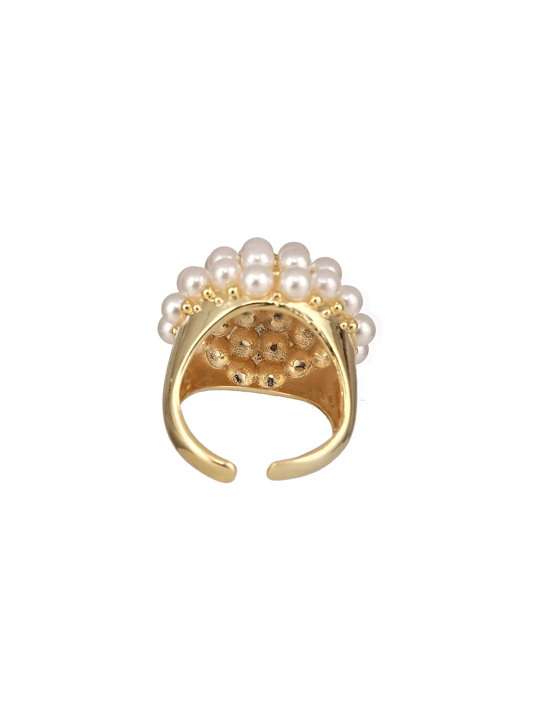 Gold-Plated Artificial Pearls Studded Flower Design Adjustable Finger Ring