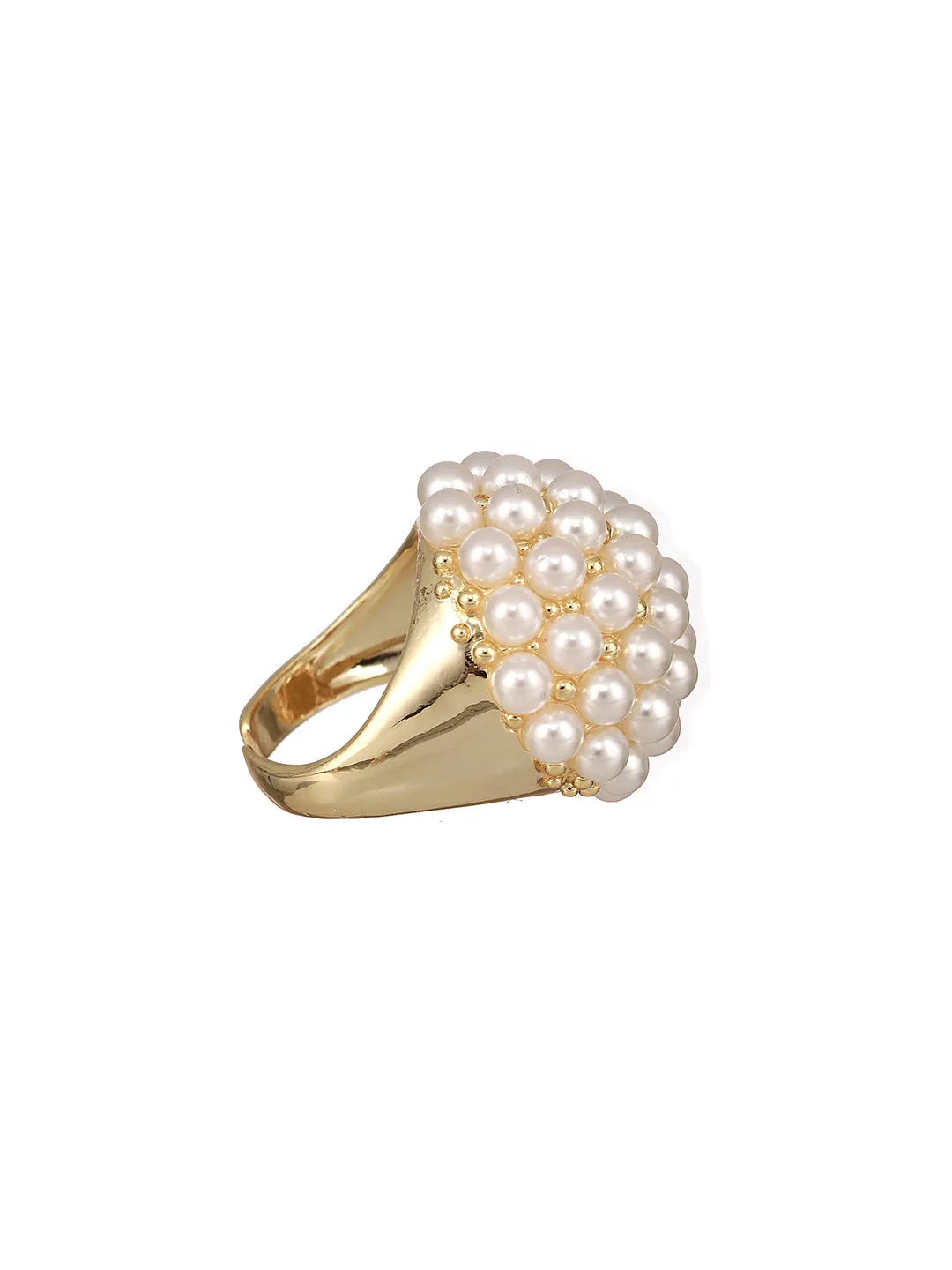 Gold-Plated Artificial Pearls Studded Flower Design Adjustable Finger Ring