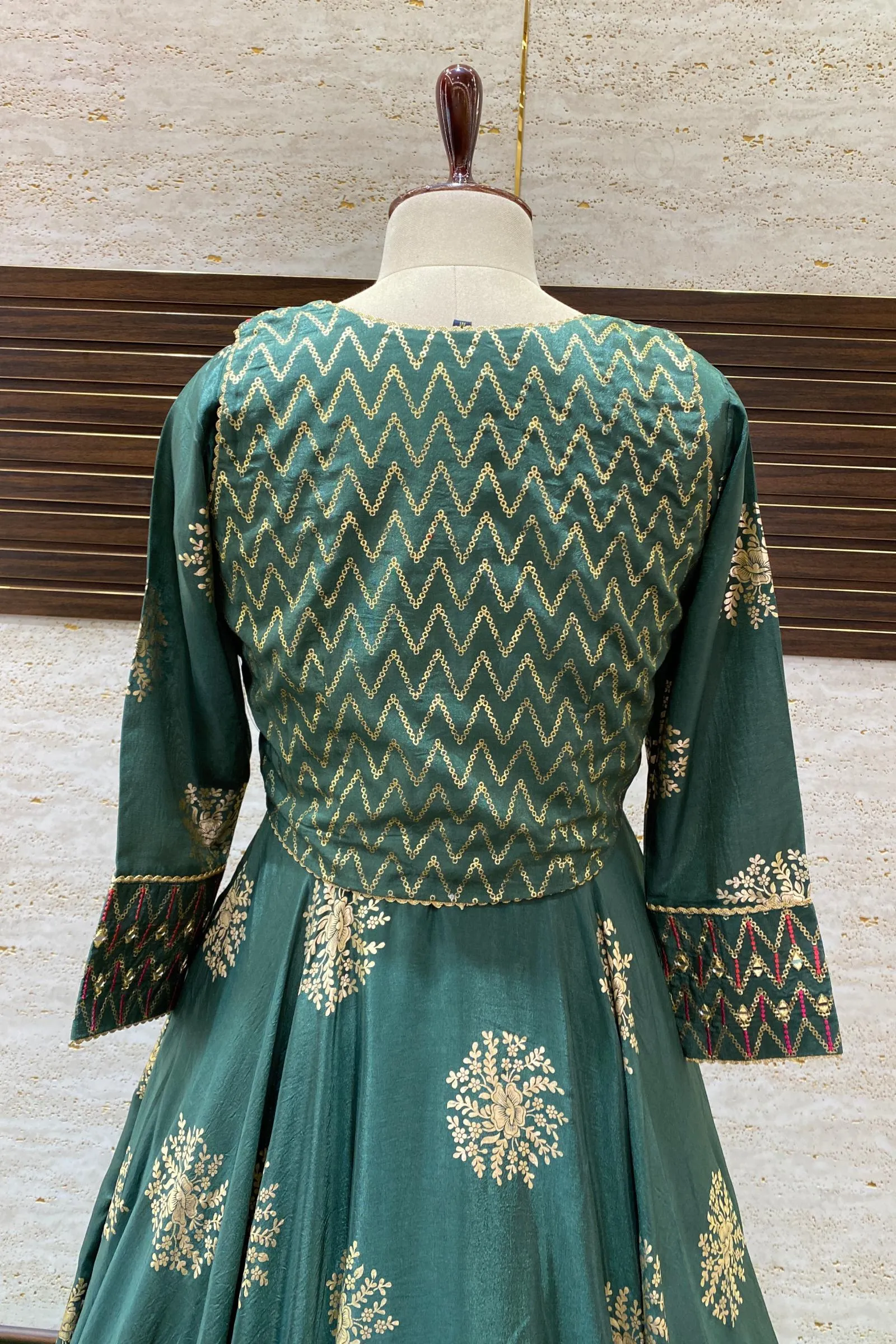 Green Golden Print, Mirror and Thread work Overcoat Style Anarkali Suit