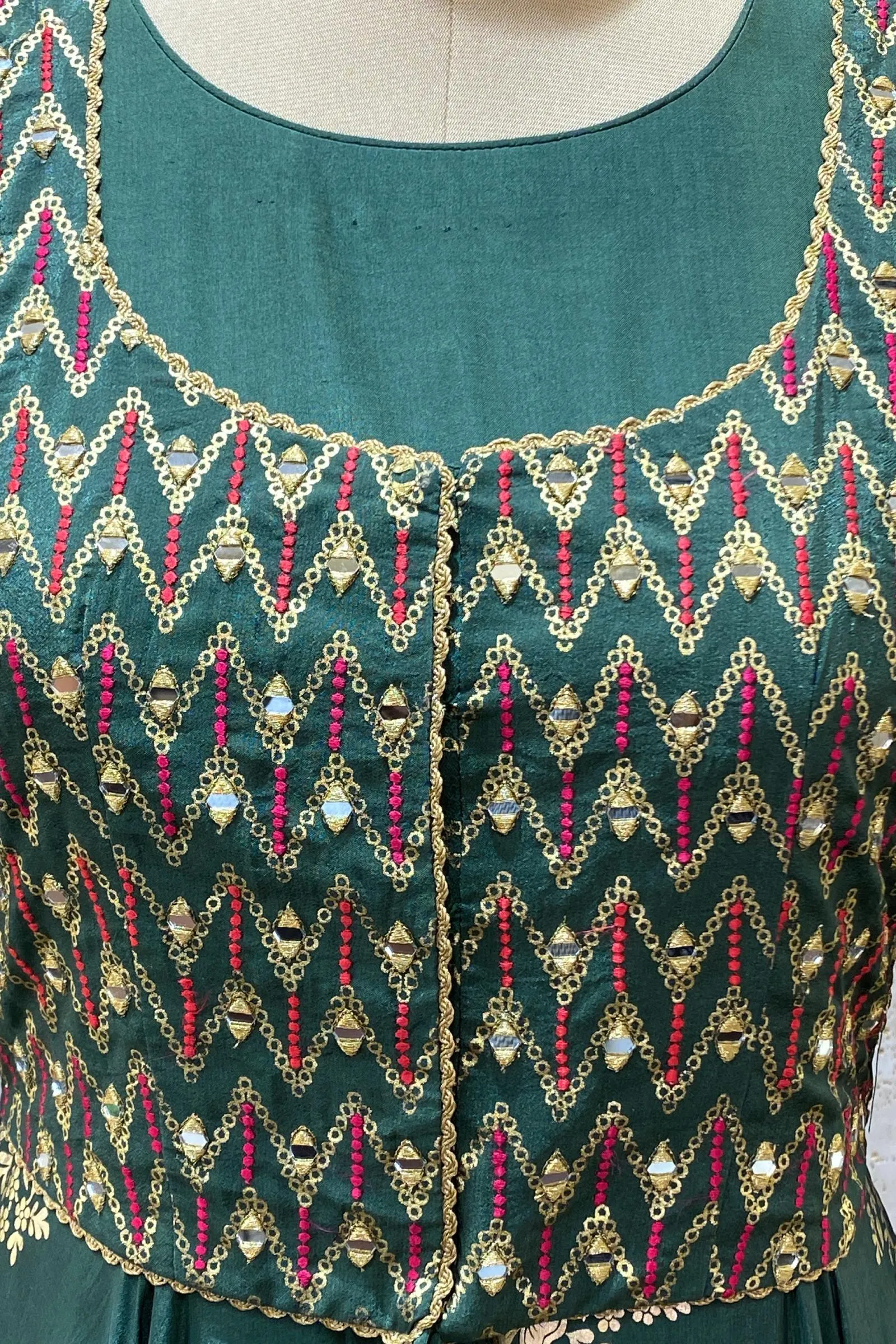Green Golden Print, Mirror and Thread work Overcoat Style Anarkali Suit