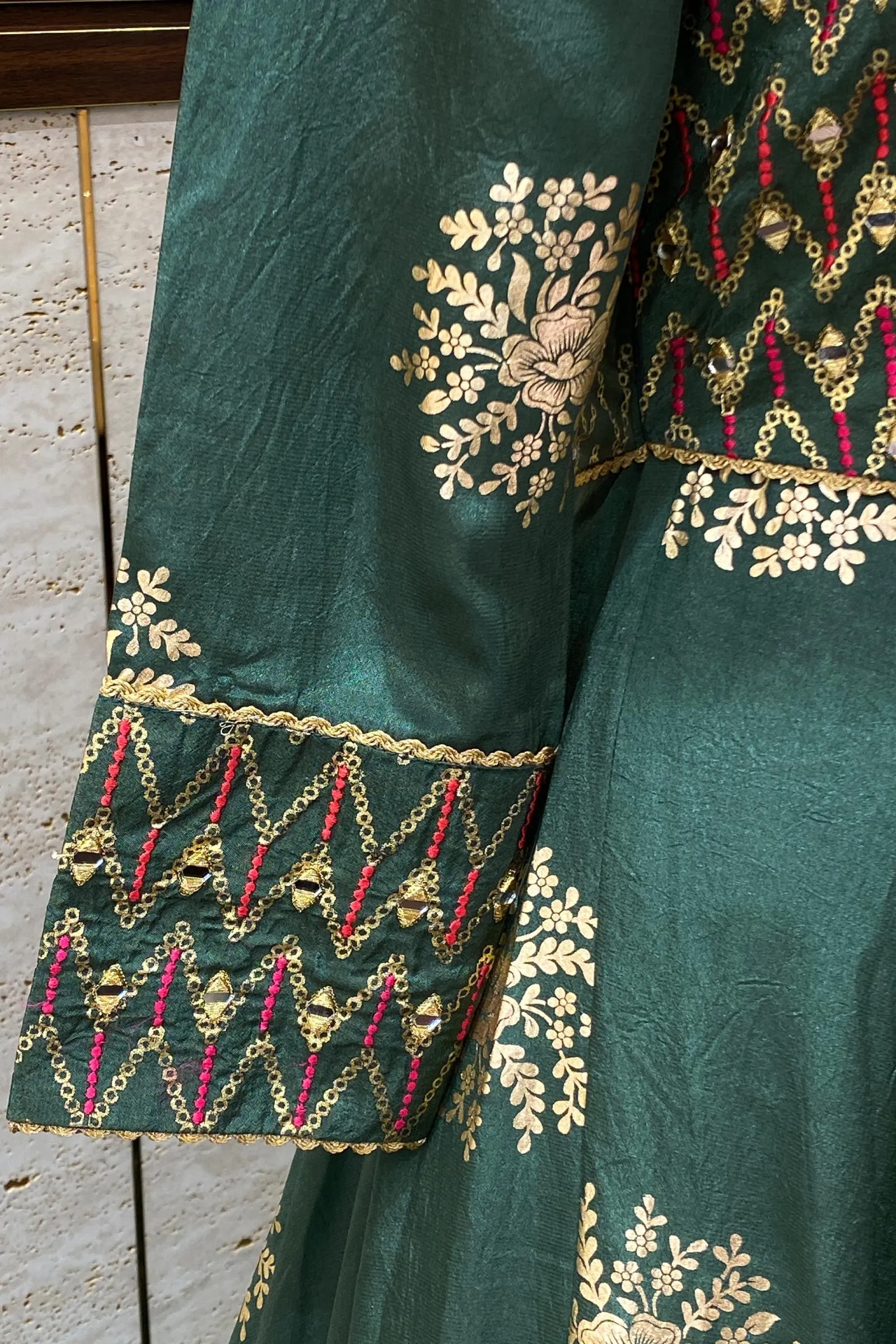 Green Golden Print, Mirror and Thread work Overcoat Style Anarkali Suit