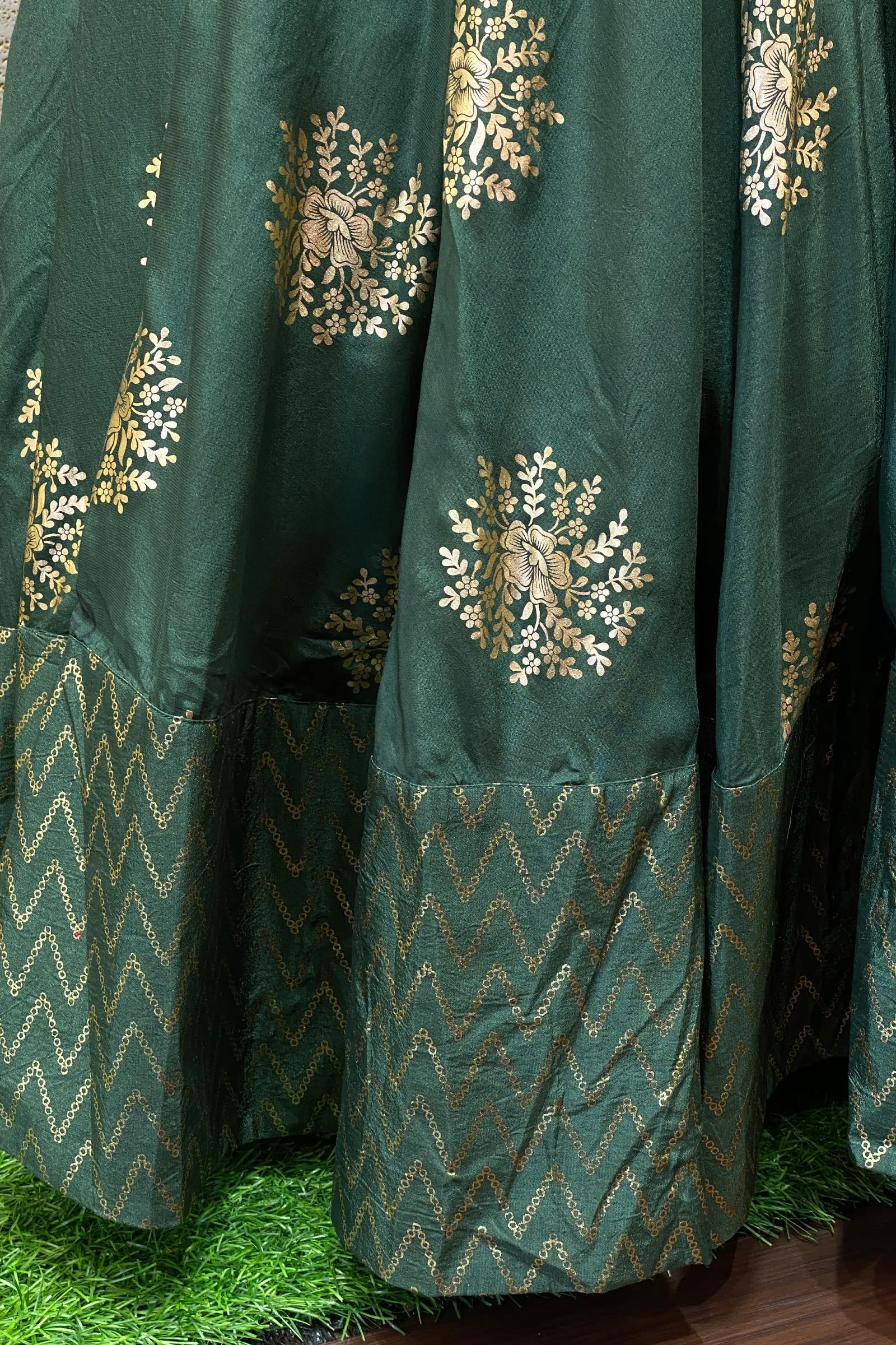 Green Golden Print, Mirror and Thread work Overcoat Style Anarkali Suit