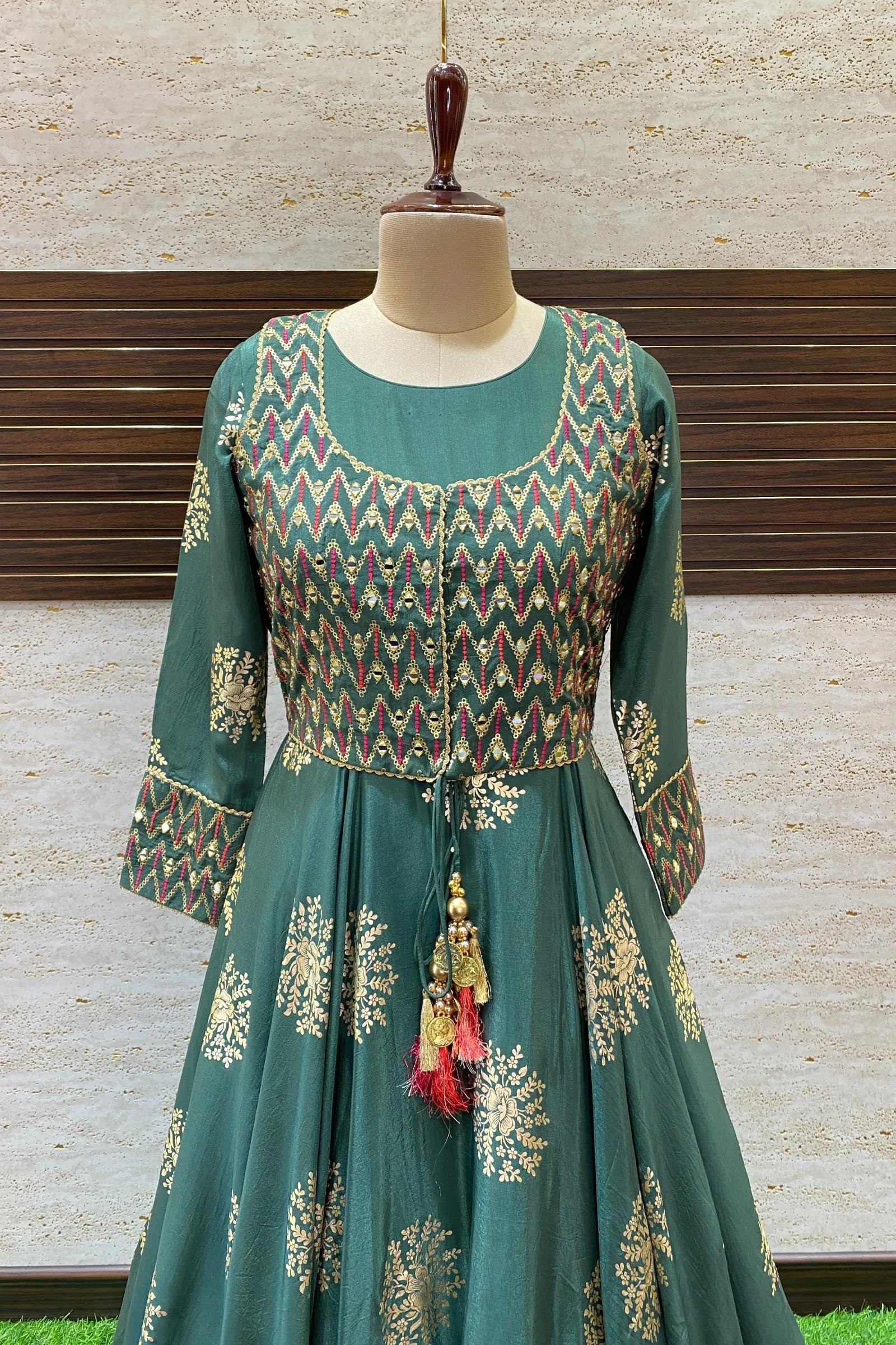 Green Golden Print, Mirror and Thread work Overcoat Style Anarkali Suit