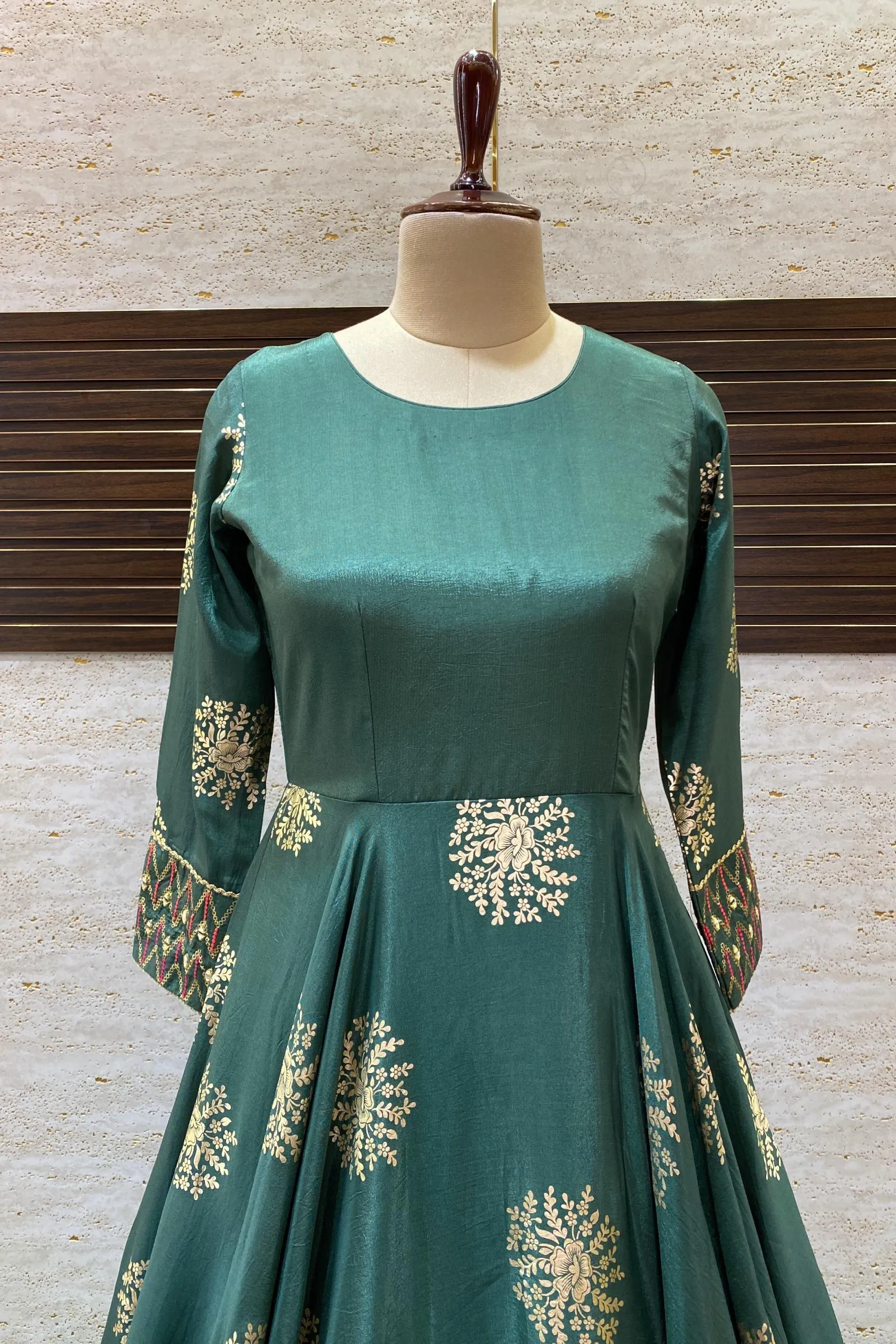 Green Golden Print, Mirror and Thread work Overcoat Style Anarkali Suit