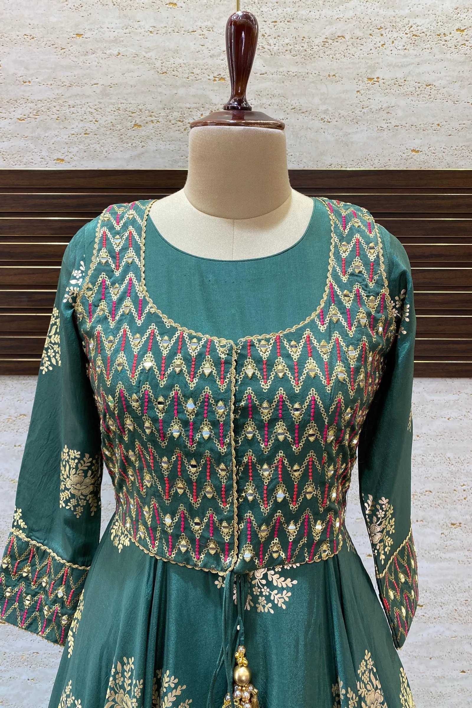Green Golden Print, Mirror and Thread work Overcoat Style Anarkali Suit