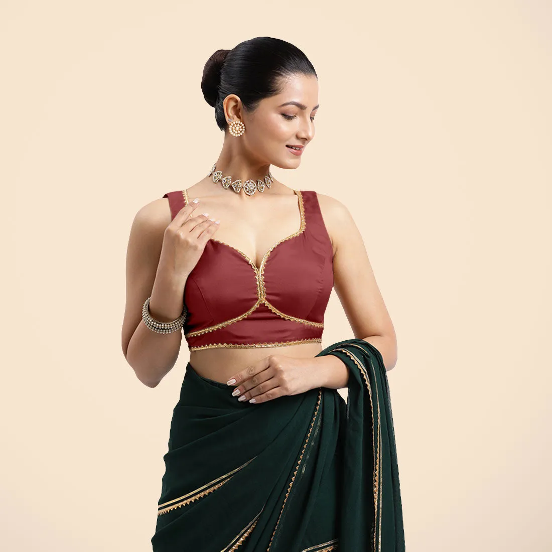 Ishika x Tyohaar | Auburn Red Sleeveless FlexiFit™ Saree Blouse with Beetle Leaf Neckline with Golden Gota Lace and Back Cut-out with Tie-Up