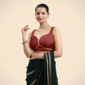 Ishika x Tyohaar | Auburn Red Sleeveless FlexiFit™ Saree Blouse with Beetle Leaf Neckline with Golden Gota Lace and Back Cut-out with Tie-Up