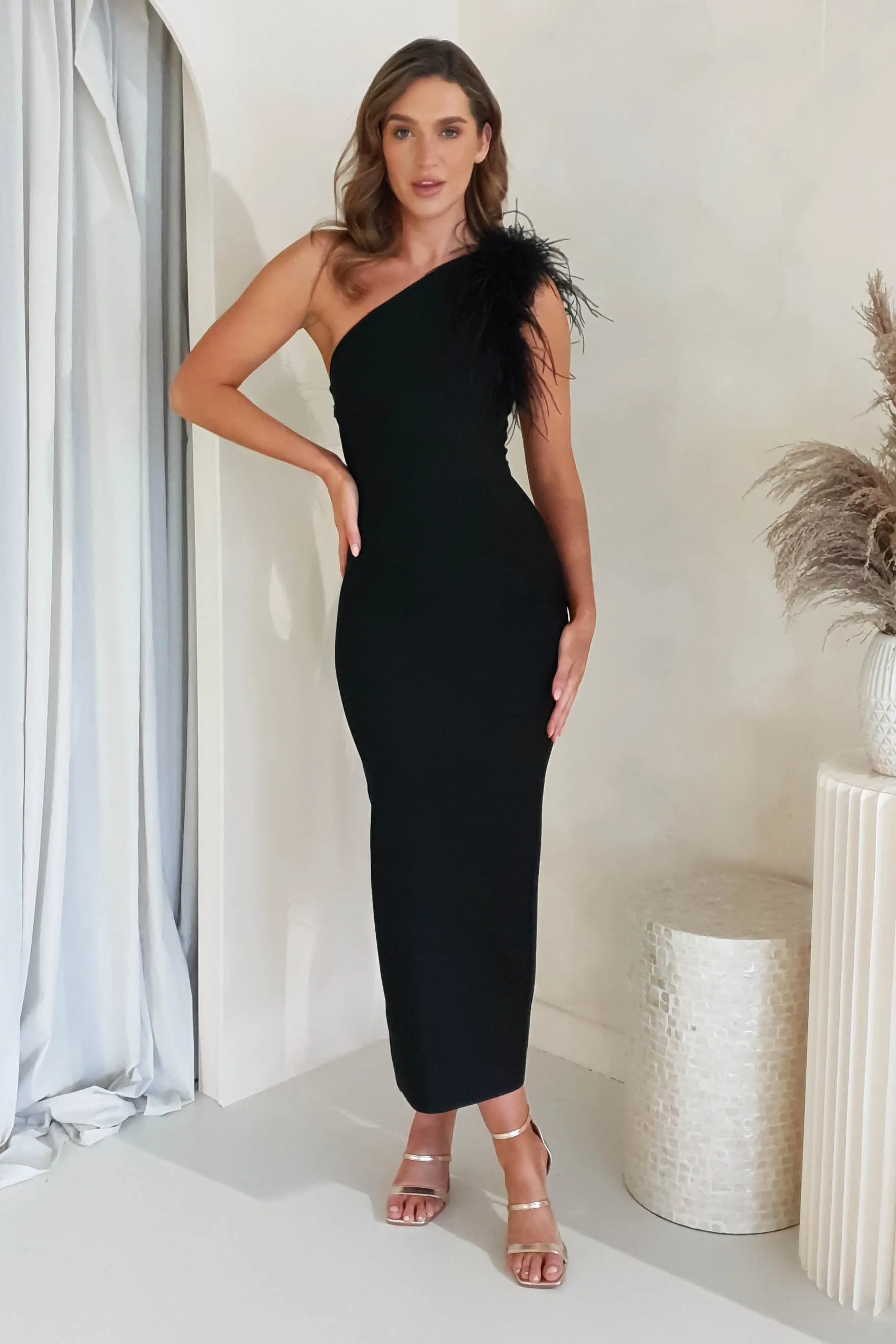 Karalyn Feather Bodycon Bandage Dress | Black