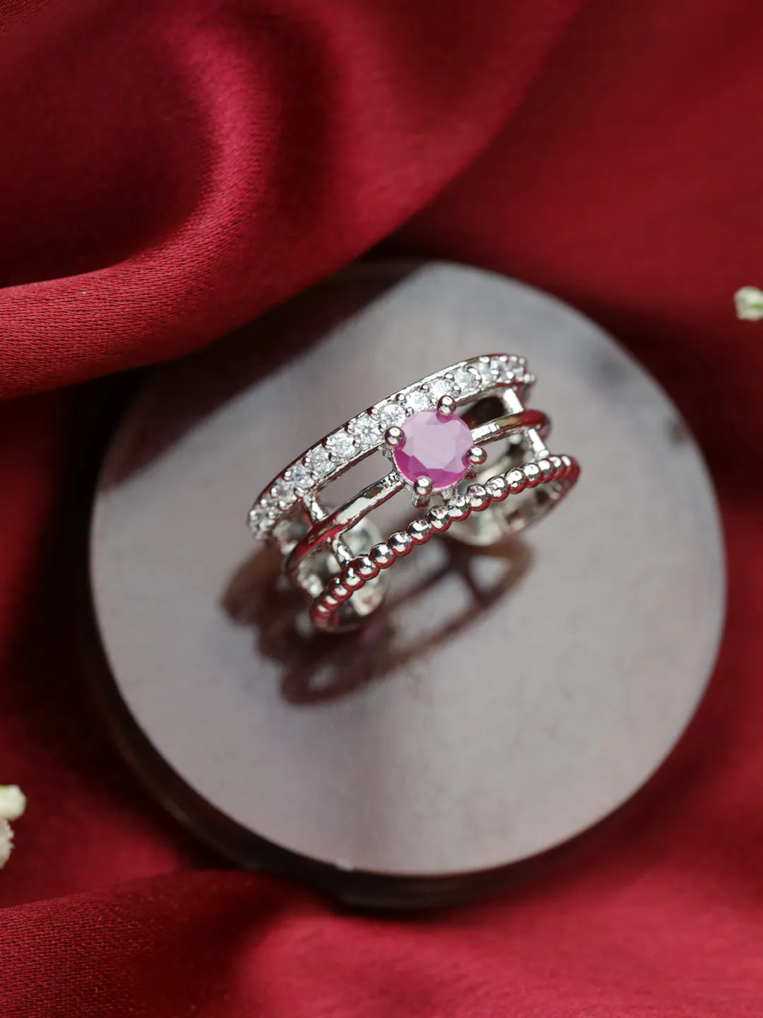 Pink Silver-Plated Ad-Studded Handcrafted Adjustable Finger Ring